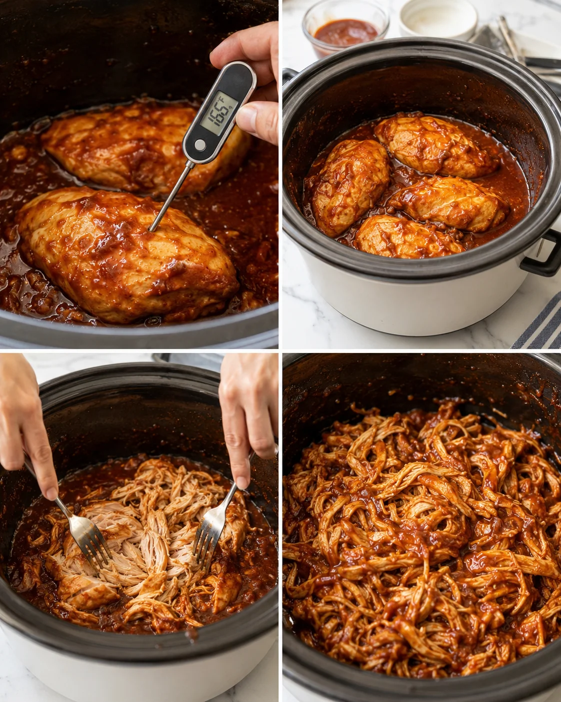 collage of slow cooker bbq chicken: thermometer in meat, whole chicken in sauce, and shredded chicken in pot
