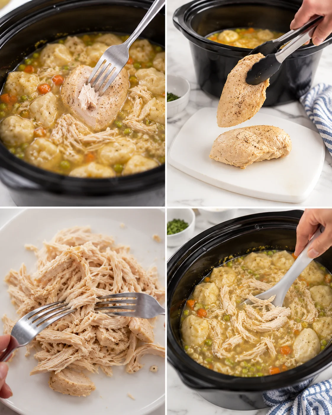 Four-panel collage showing slow-cooker chicken and dumplings: simmering pot, slicing chicken, shredded meat on plate, and stirring.