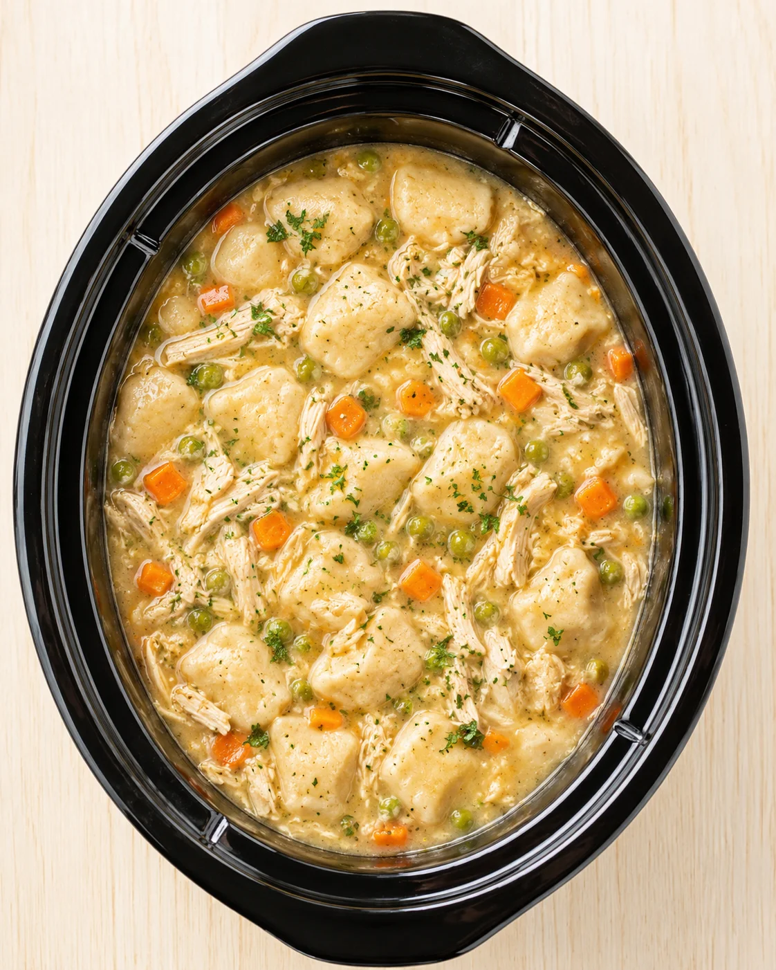 Creamy chicken stew with dumplings, carrots, and peas in a black slow cooker