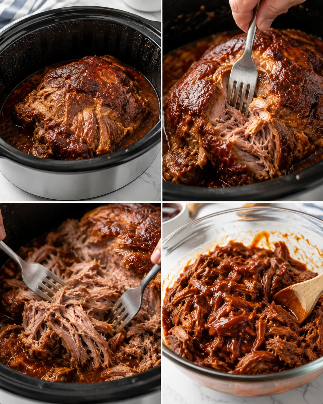 collage of four photos showing slow-cooker pulled pork being cooked, shredded, and served in a bowl