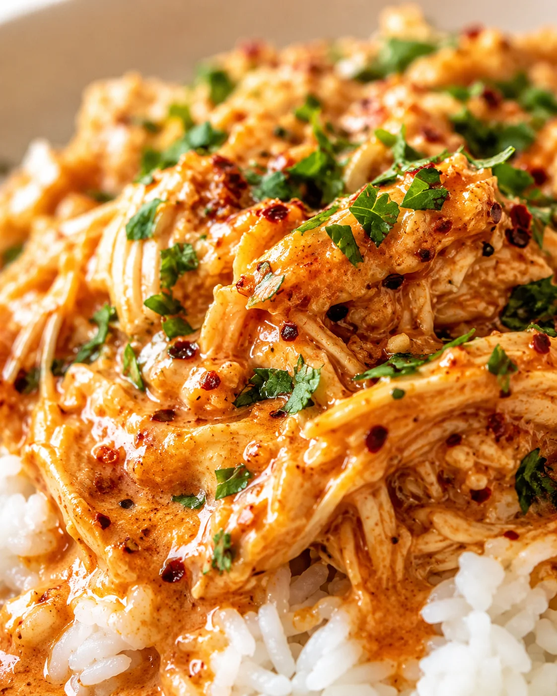 Close-up of shredded chicken in creamy orange sauce over white rice, garnished with cilantro and red pepper flakes.