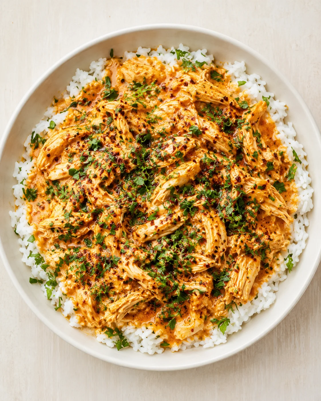 bowl of shredded chicken in orange tikka masala over white rice, garnished with cilantro