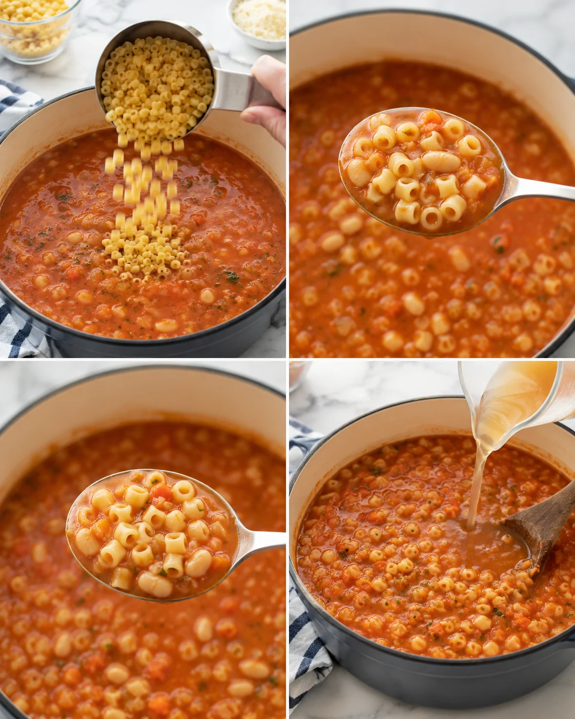 Collage showing tomato-ditalini soup in a dark pot, with pasta added and cream poured.