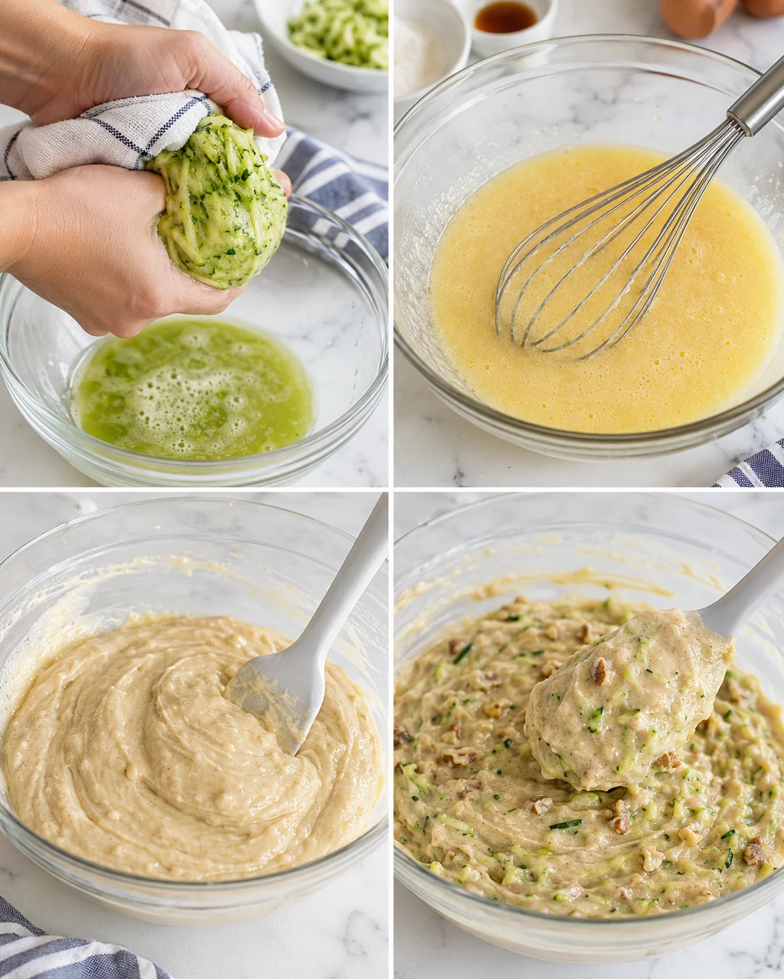 Four-panel collage showing squeezing grated zucchini, beating eggs, and mixing zucchini-batter with walnuts.