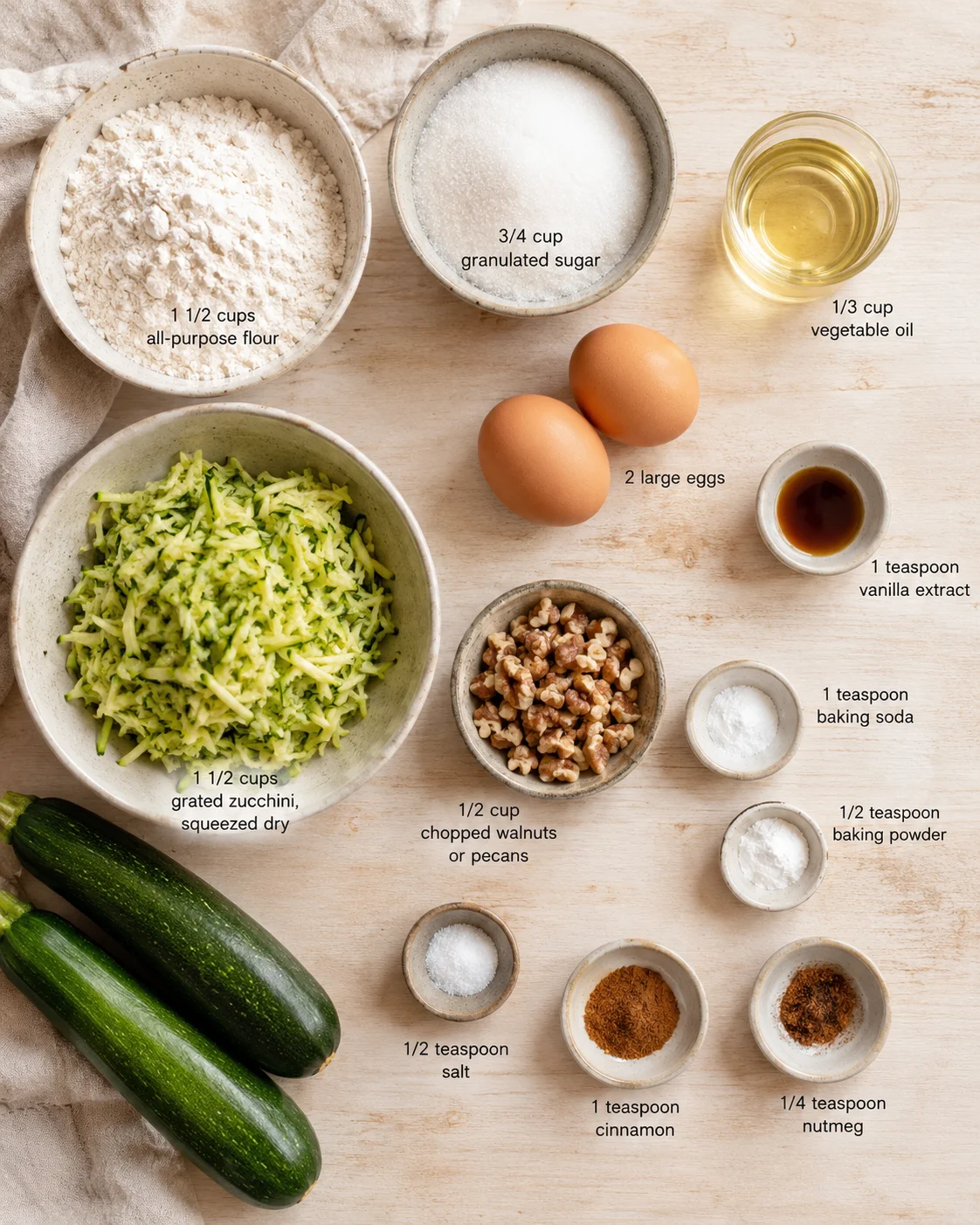top-down flat lay of zucchini bread ingredients with bowls of flour, sugar, oil, eggs, and zucchini