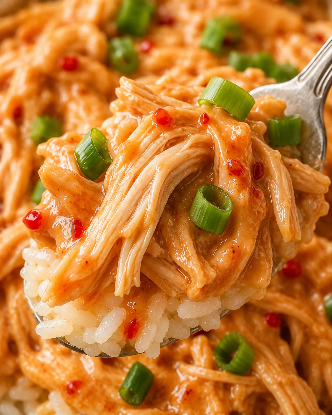 Savory slow cooker chicken in creamy sweet chili sauce topped with green onions.