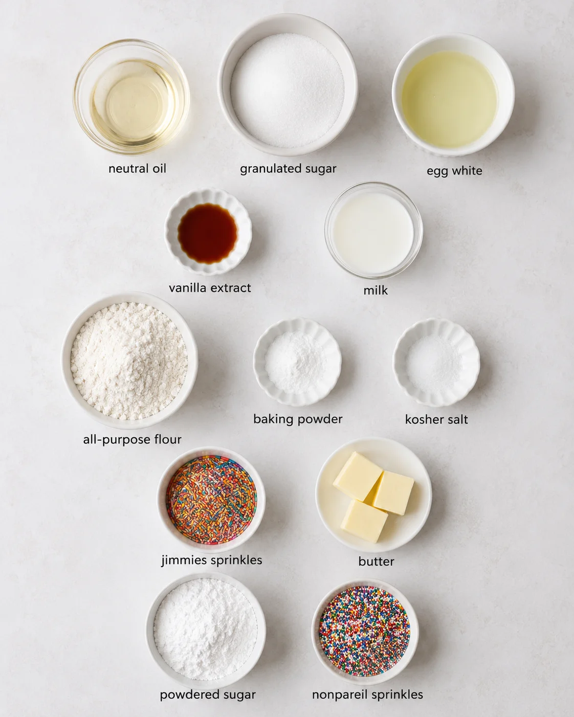 Ingredients laid out for a funfetti-inspired single-serve dot cake dessert.