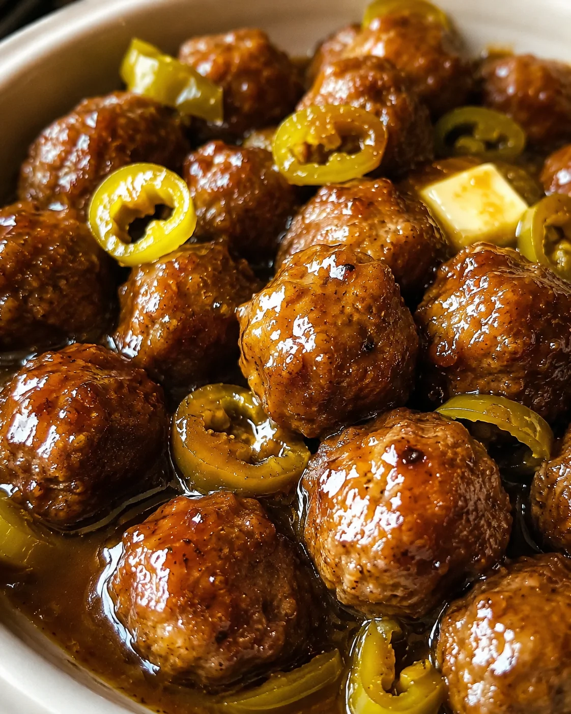Savory slow cooker meatballs with peppers and rich sauce in a close-up shot.