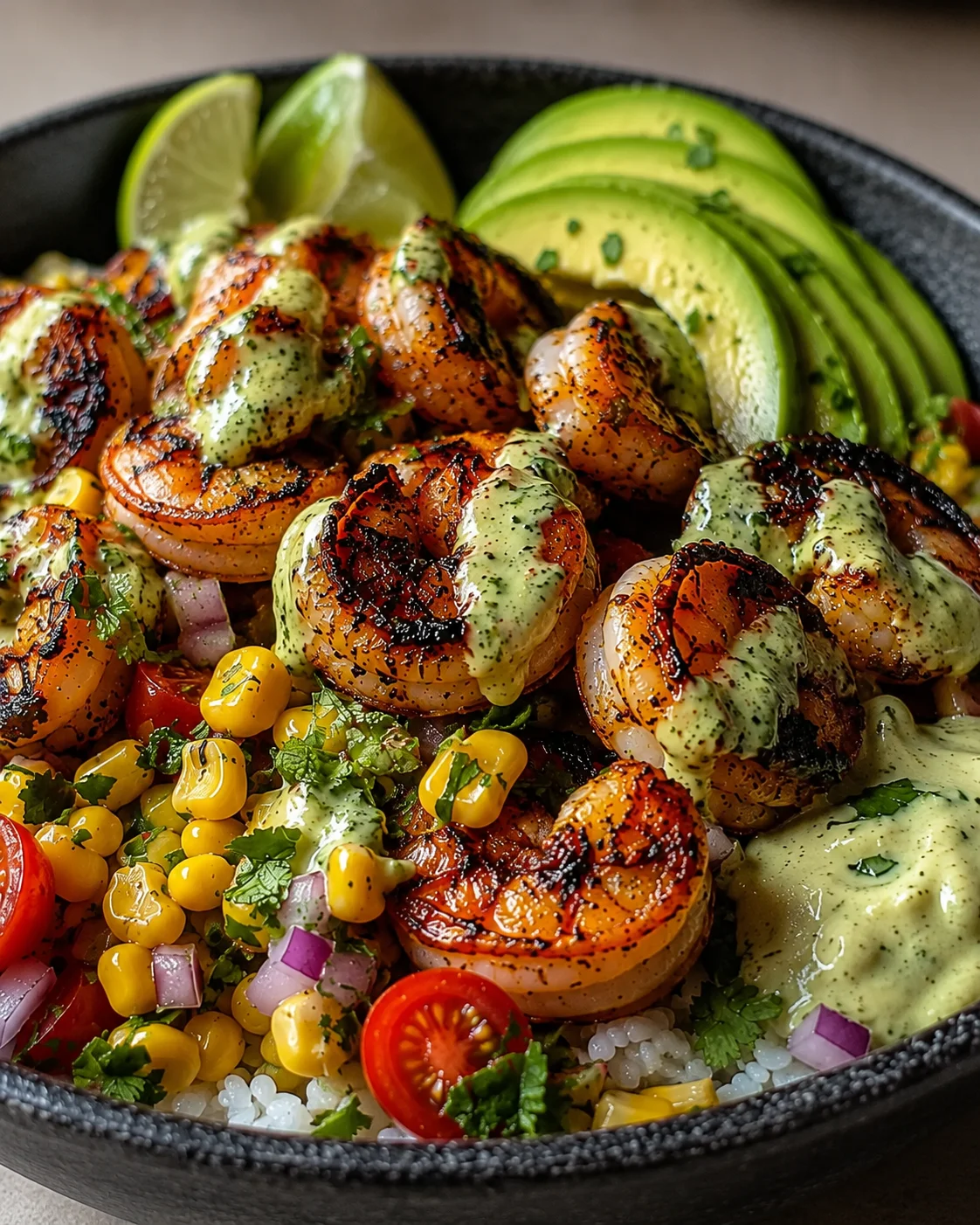 Close-up of a flavorful grilled shrimp bowl with avocado and fresh corn salsa.