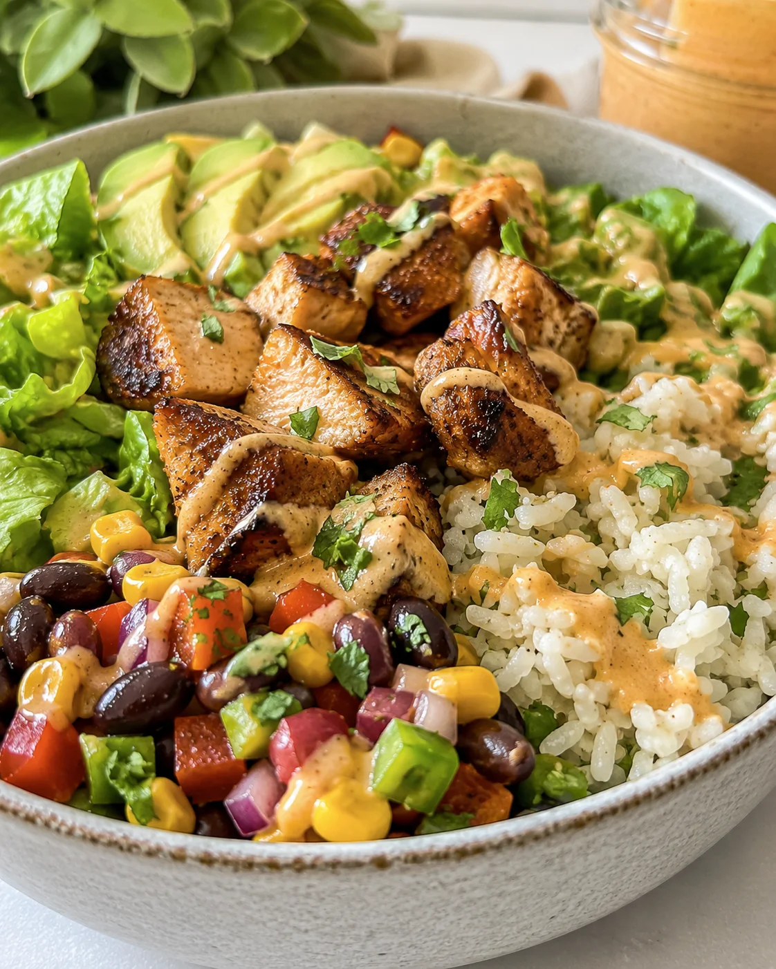 Colorful meal prep bowls with grilled chicken, rice, beans, and fresh vegetables