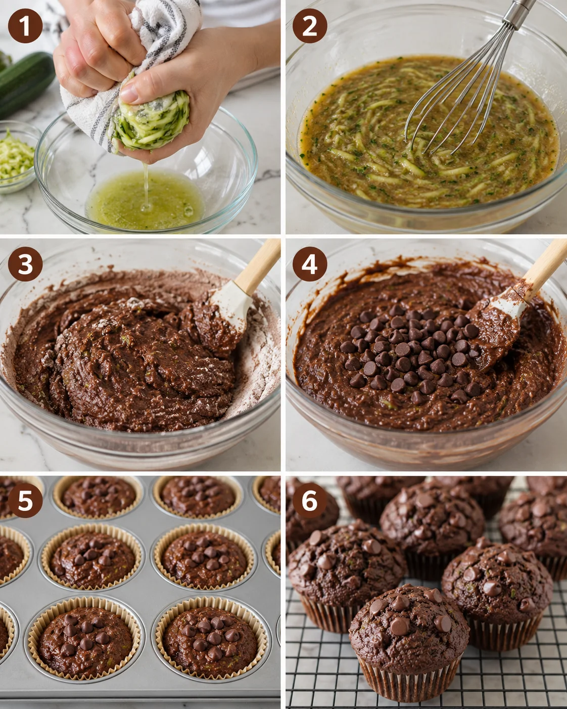 Freshly baked moist chocolate zucchini muffins with chocolate chips in a tray