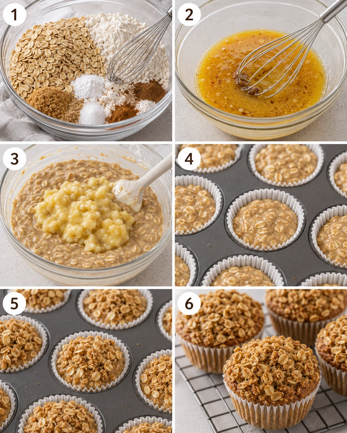 Step-by-step images showing mixing ingredients, filling muffin cups, and baked muffins cooling.