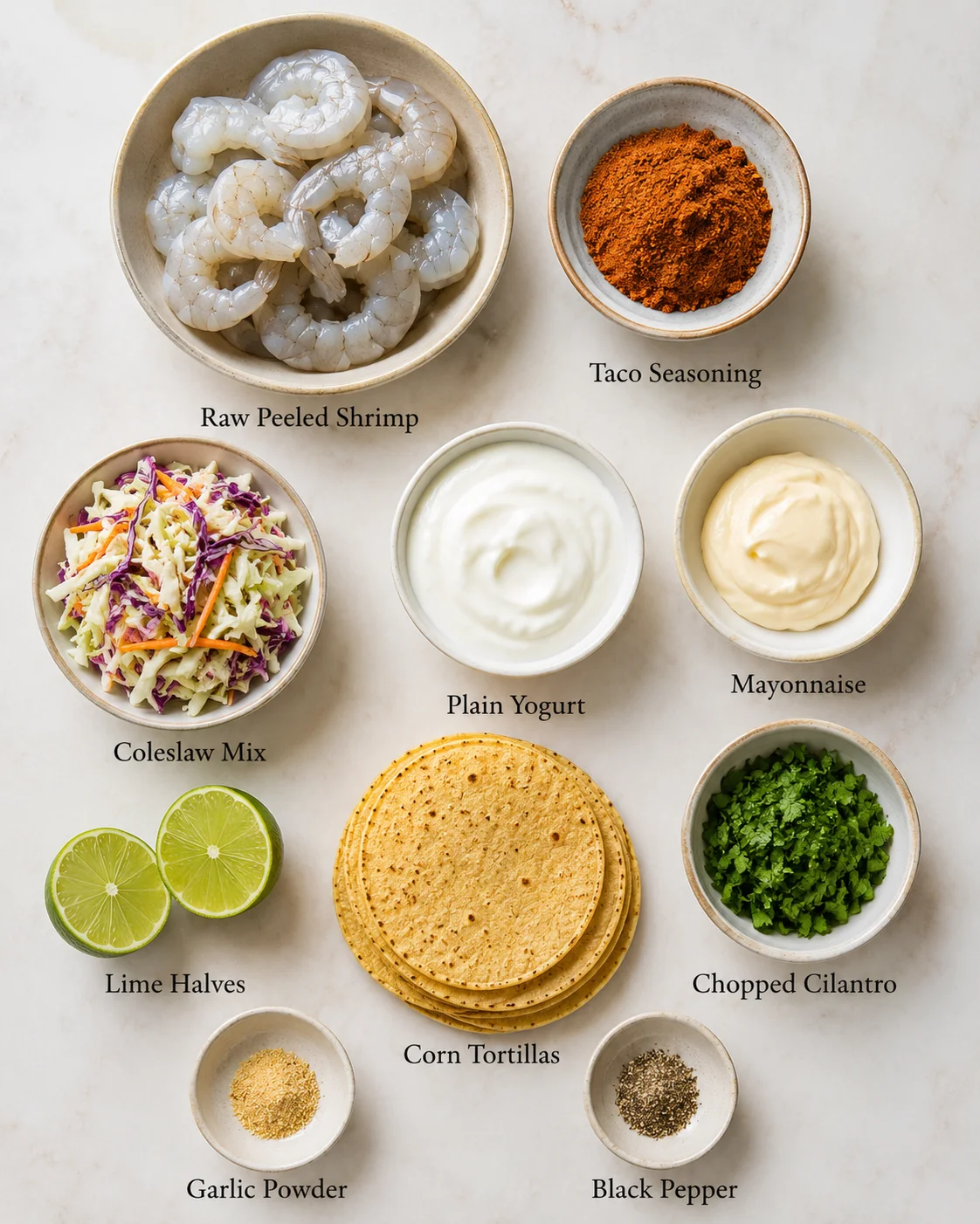 Ingredients for quick shrimp tacos including shrimp, coleslaw, and seasonings.