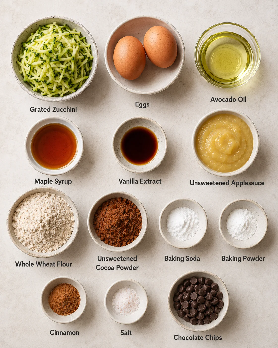 Ingredients for moist, healthy chocolate zucchini muffins including grated zucchini, eggs, and cocoa powder.