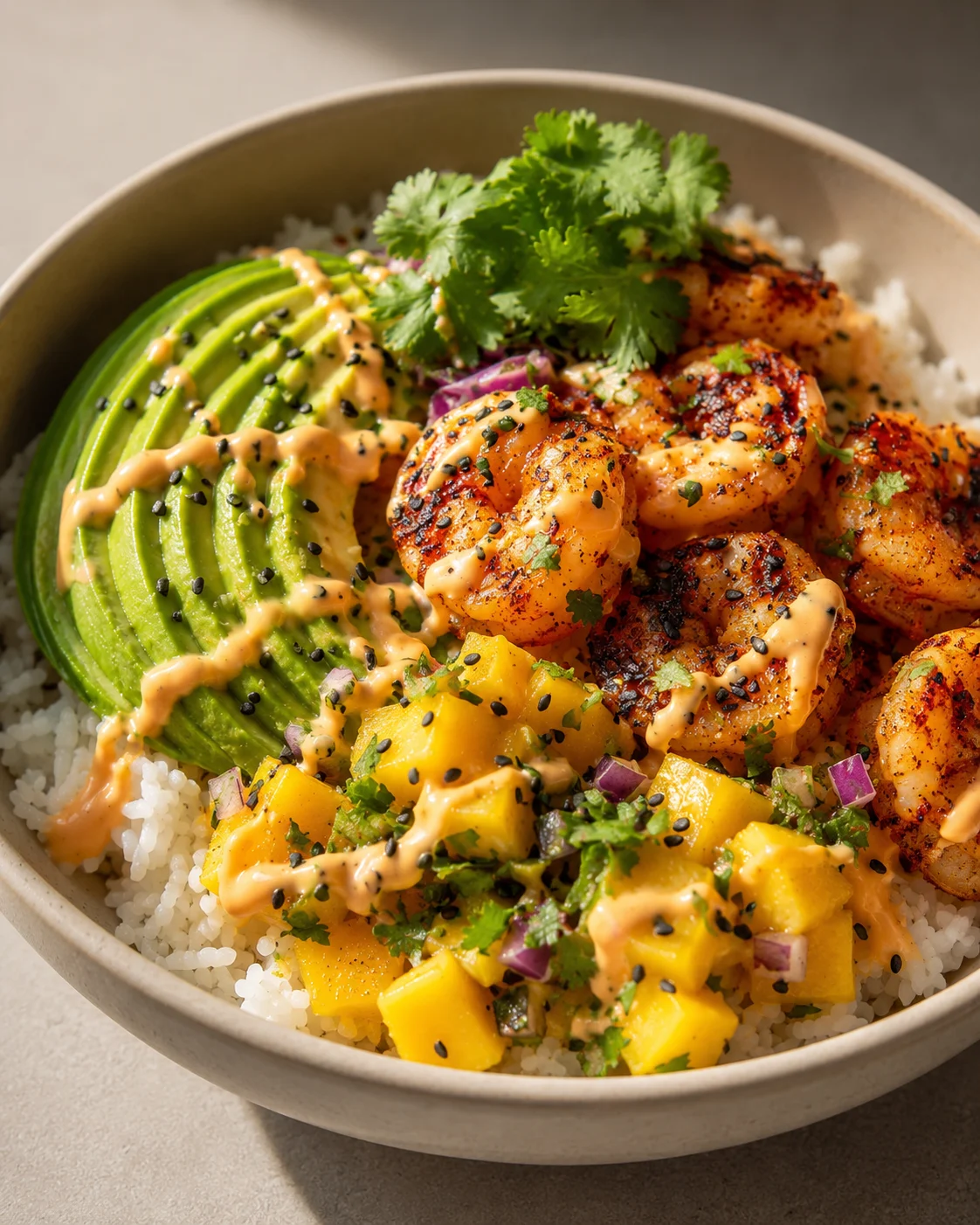 Colorful shrimp, avocado, mango, and rice served in a bowl with cilantro