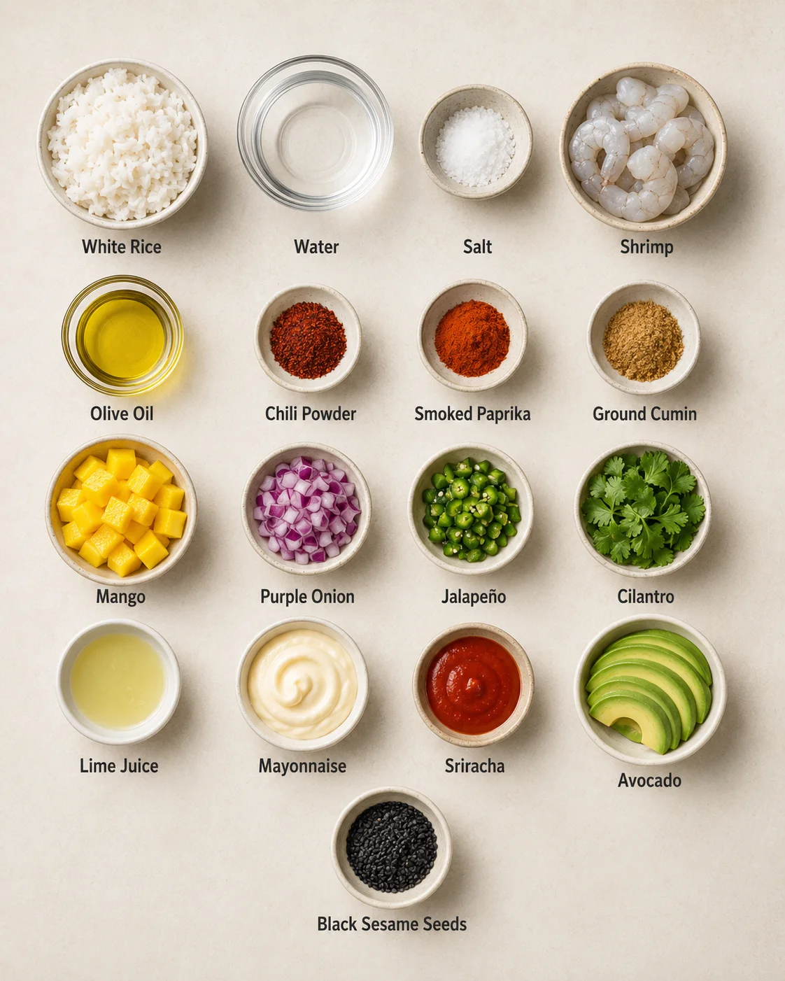 Ingredients for shrimp avocado bowl including rice, shrimp, mango, and spices