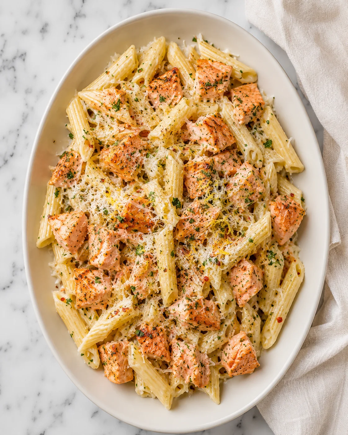 Delicious salmon pasta with a light, creamy sauce and fresh grated Parmesan cheese.