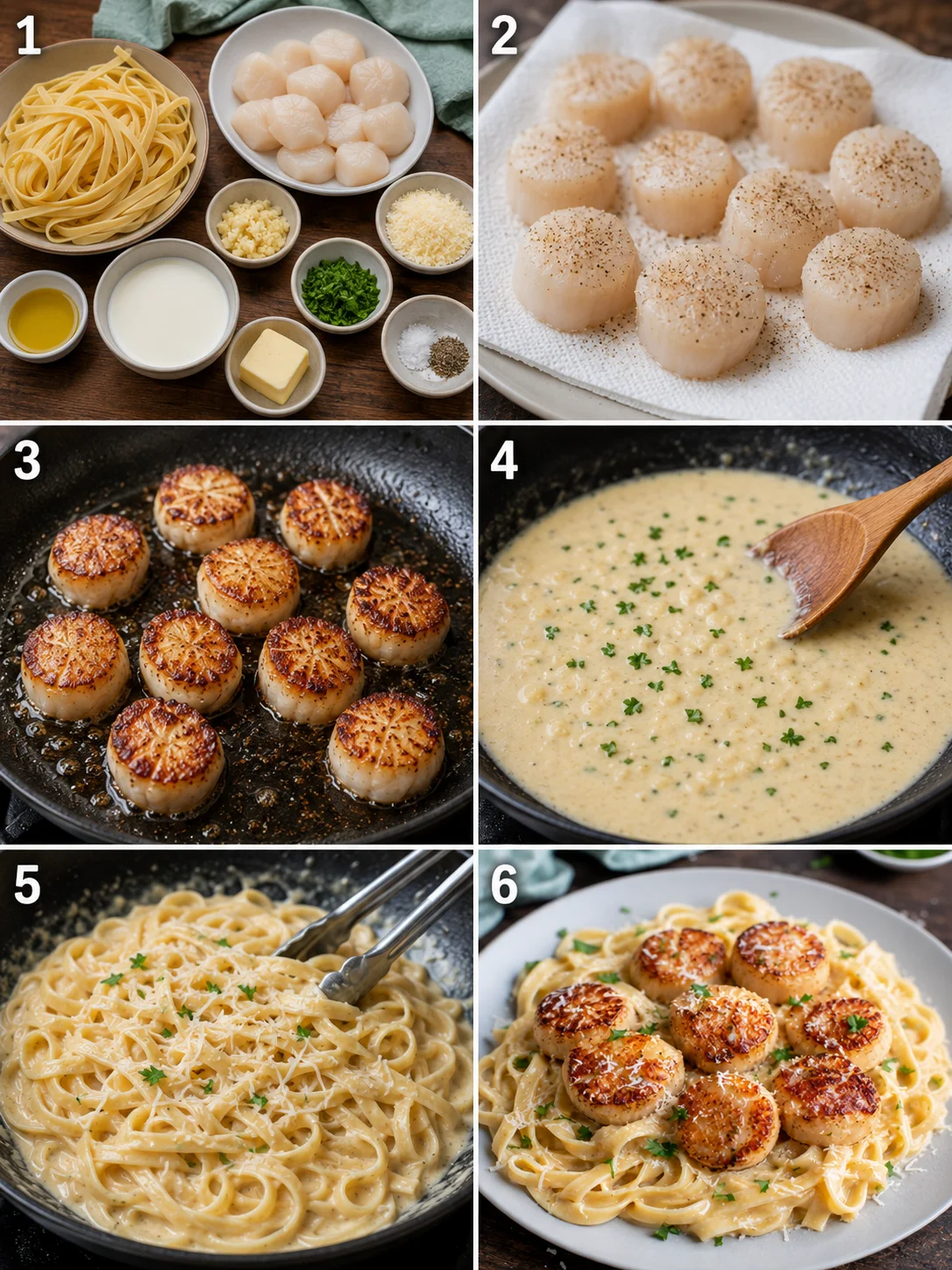 Step-by-step images showing scallops, seasoning, searing, and serving with pasta