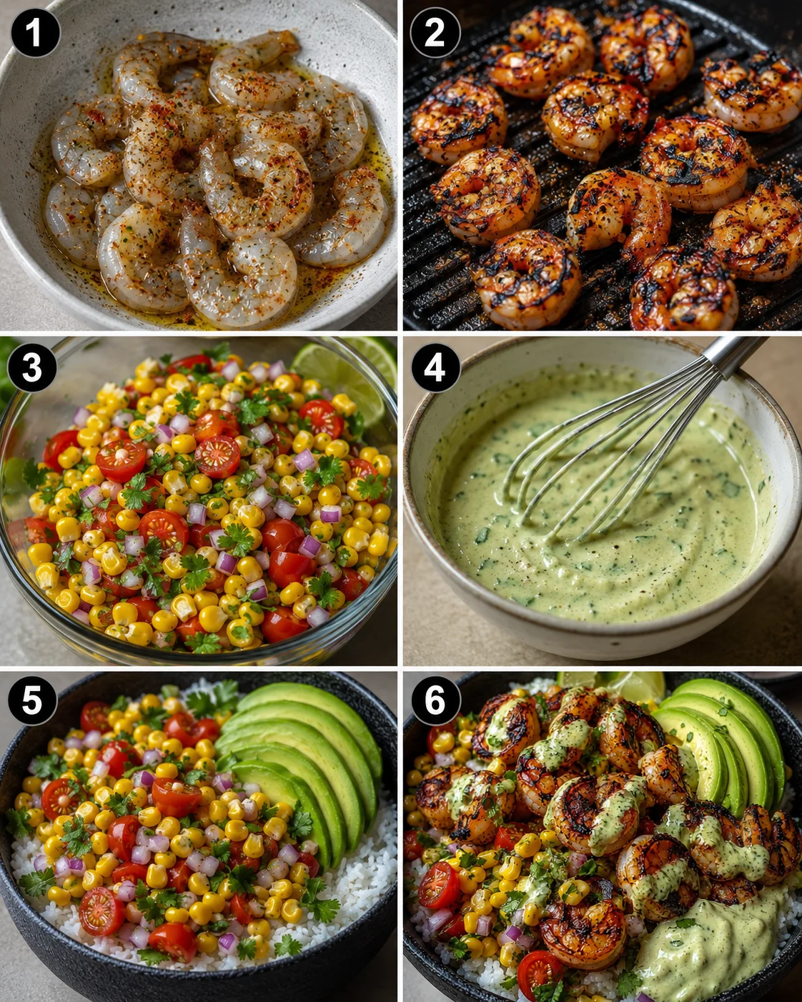 Juicy grilled shrimp served with creamy sauce, avocado, corn salsa, and rice