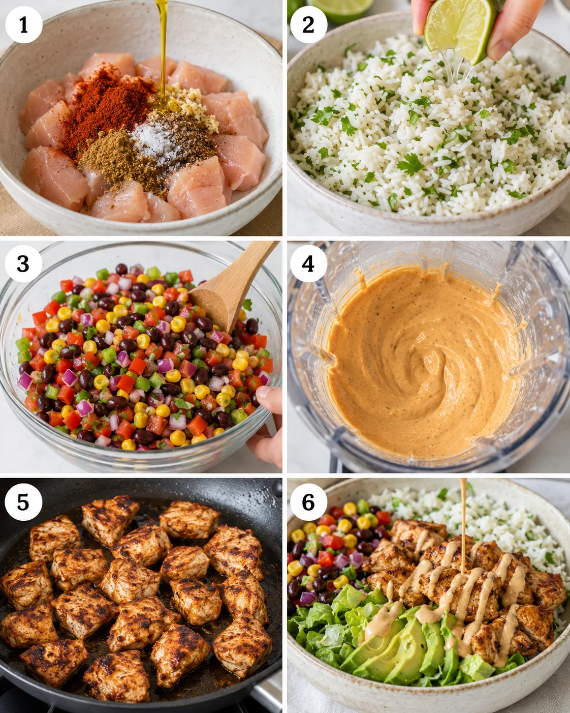 Step-by-step images of assembling Southwest chicken burrito bowls with chicken, rice, salsa, and dressing.