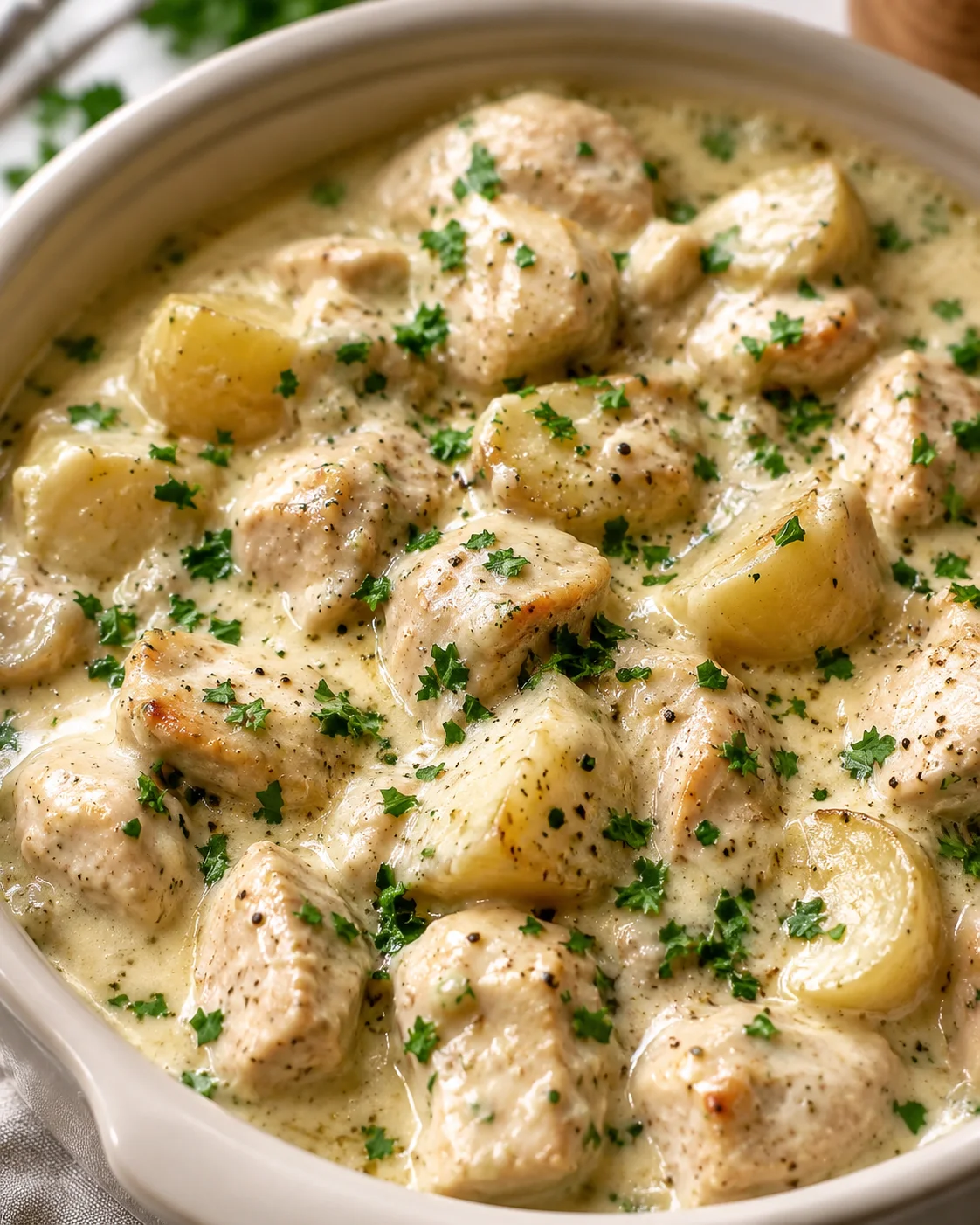 Delicious creamy chicken and potato dish with herbs and cheese in a bowl