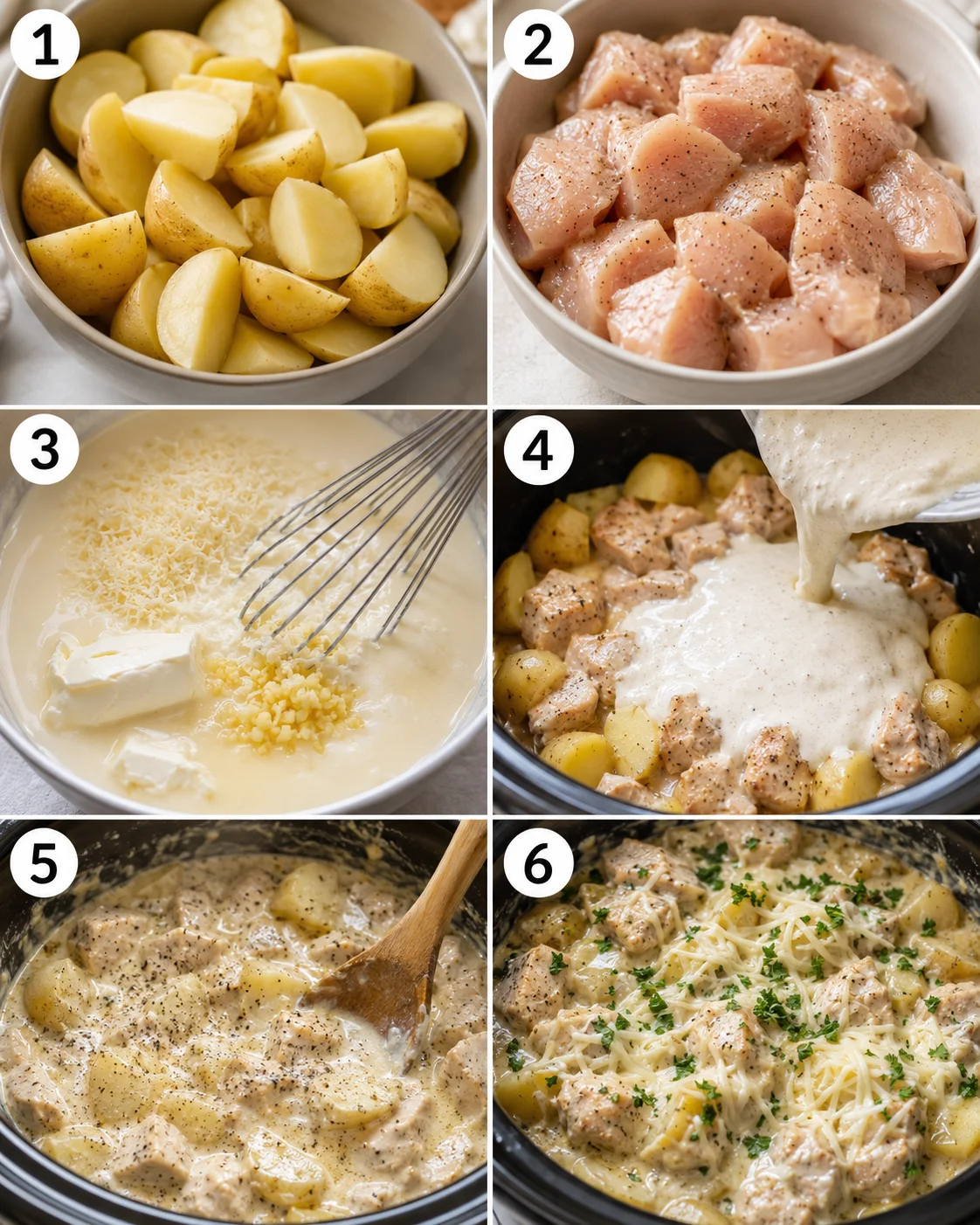 Step-by-step images showing raw potatoes, seasoned chicken, cheese mixture, and cooked dish.