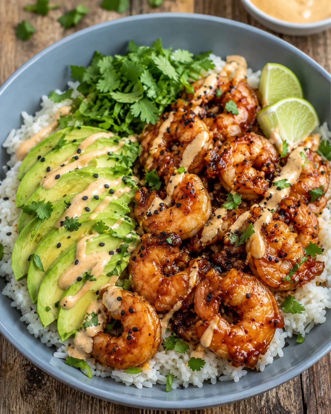 Colorful bowl of shrimp, avocado, cilantro, lime, and rice, topped with sauce