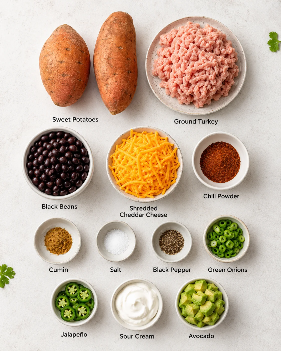 Fresh sweet potatoes, ground turkey, cheese, and toppings for sweet potato boats.