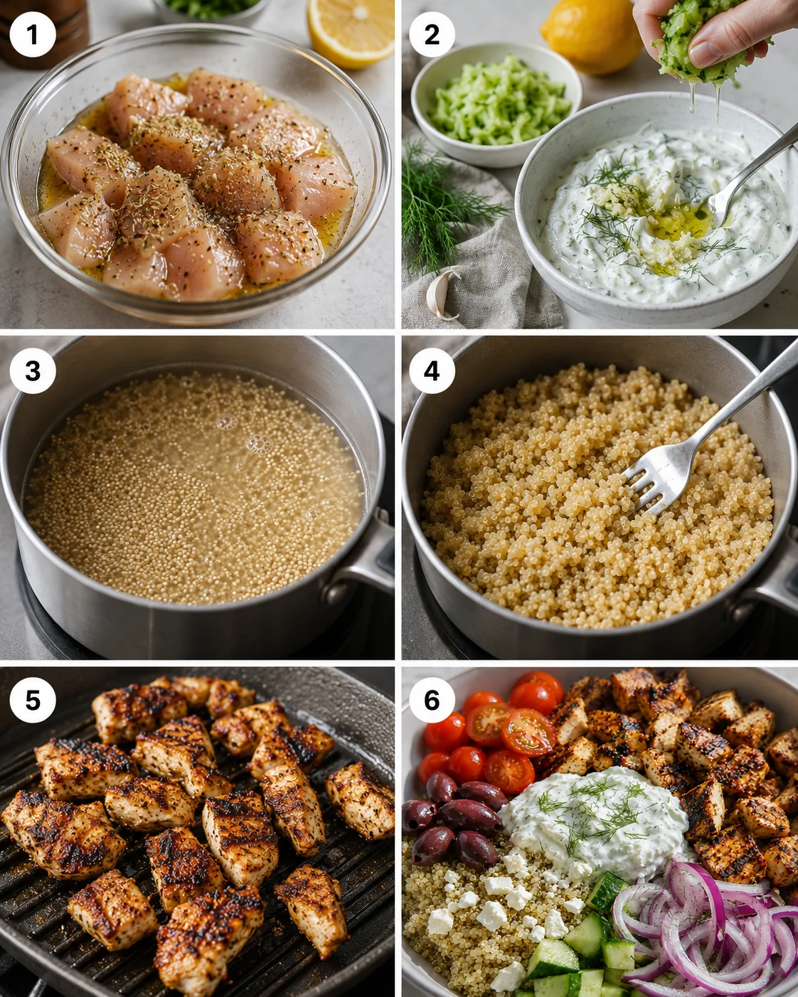 Steps showing marinated chicken, homemade tzatziki, cooked quinoa, grilled chicken, and assembled bowls.