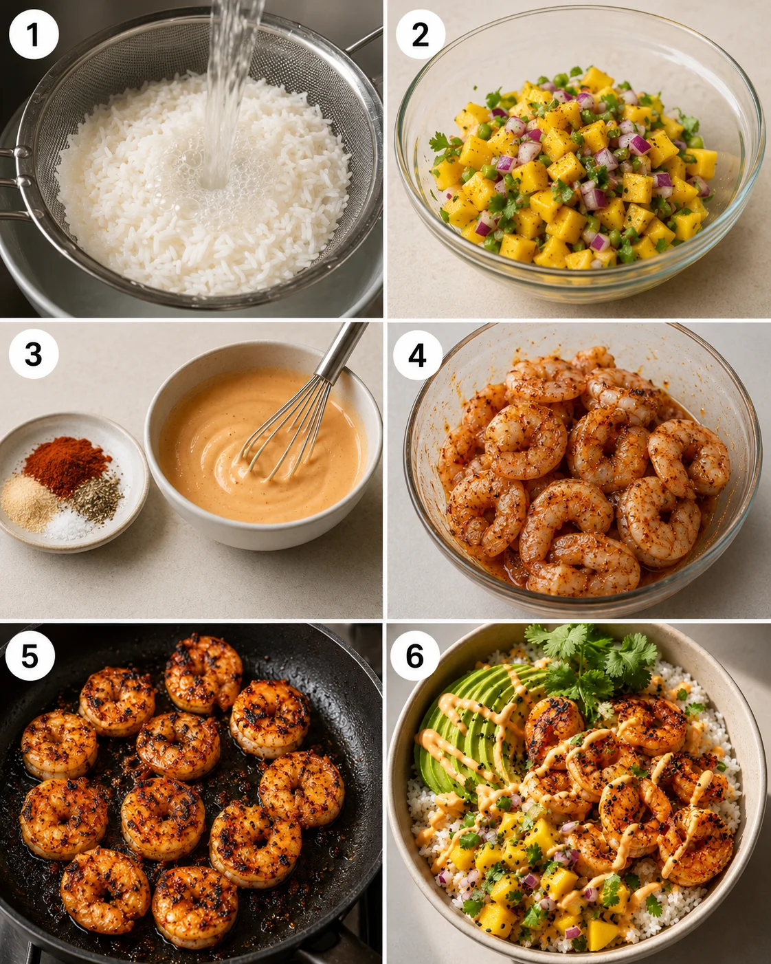 Colorful bowl with smoky shrimp, sliced avocado, mango salsa, and rice.