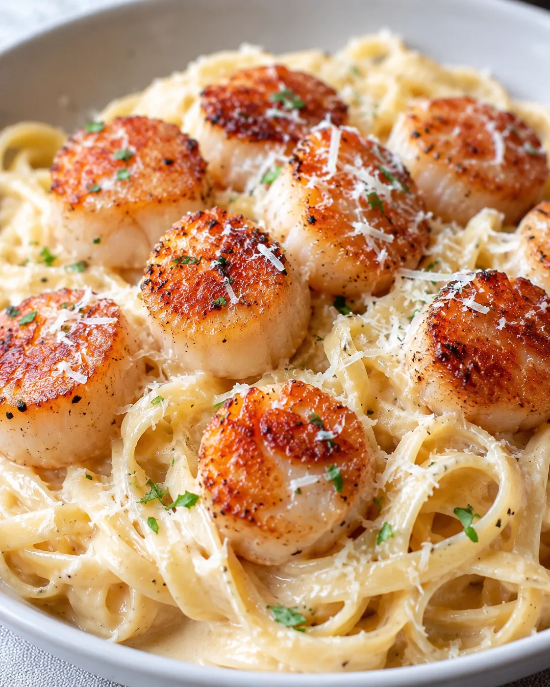 Delicious seared scallops served over creamy pasta with Parmesan cheese