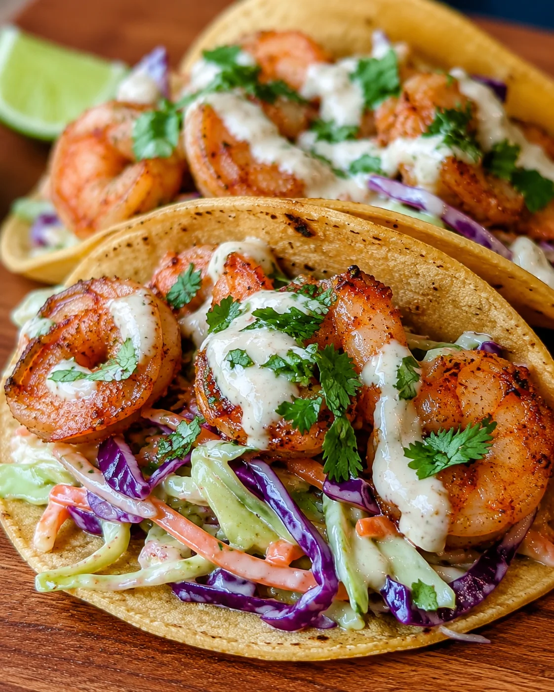 Delicious shrimp tacos topped with sauce and fresh herbs on colorful coleslaw