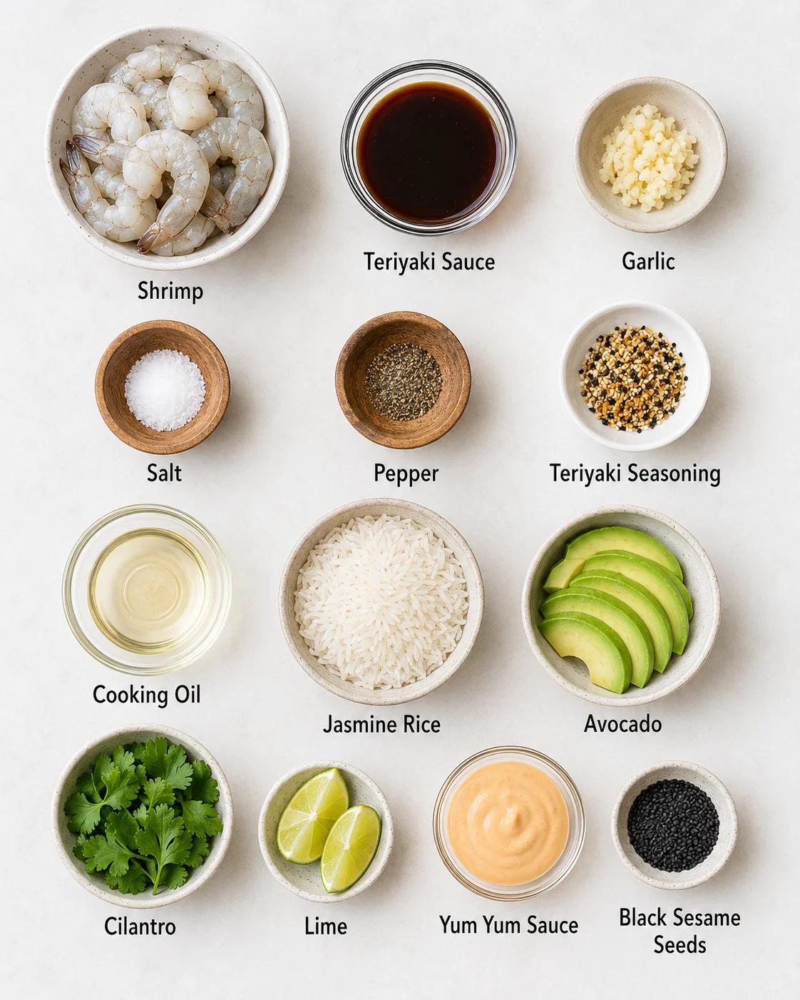 Photo of ingredients for teriyaki shrimp rice bowls with shrimp, sauces, rice, and toppings.