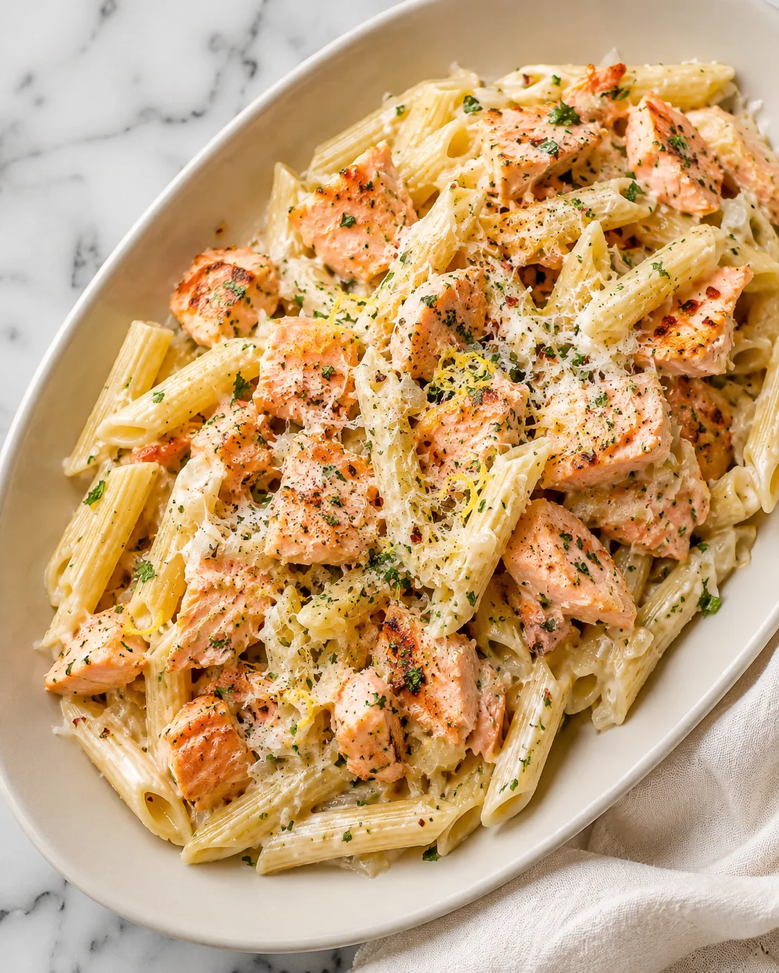 Hearty salmon pasta with a creamy, dairy-free sauce and fresh herbs
