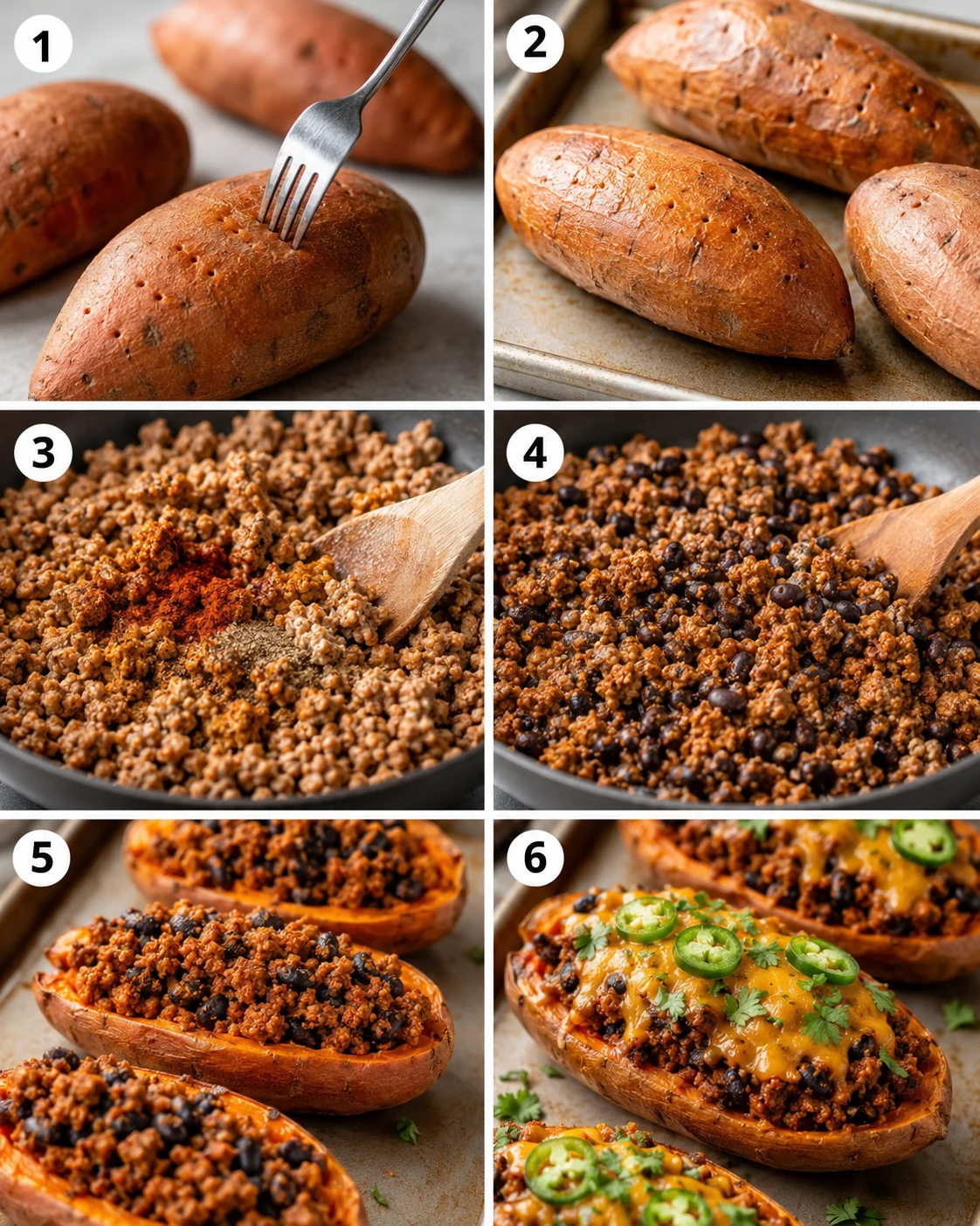 Baked sweet potatoes stuffed with ground turkey, black beans, and melted cheese.