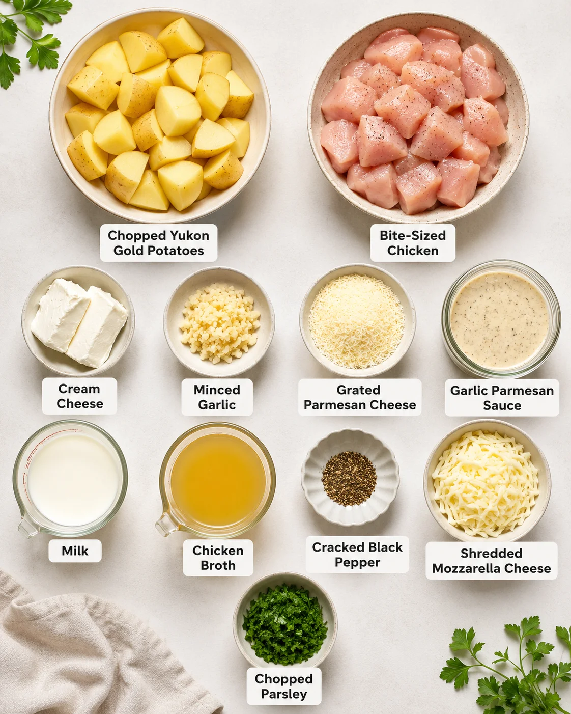 Ingredients for creamy garlic parmesan chicken with potatoes in bowls