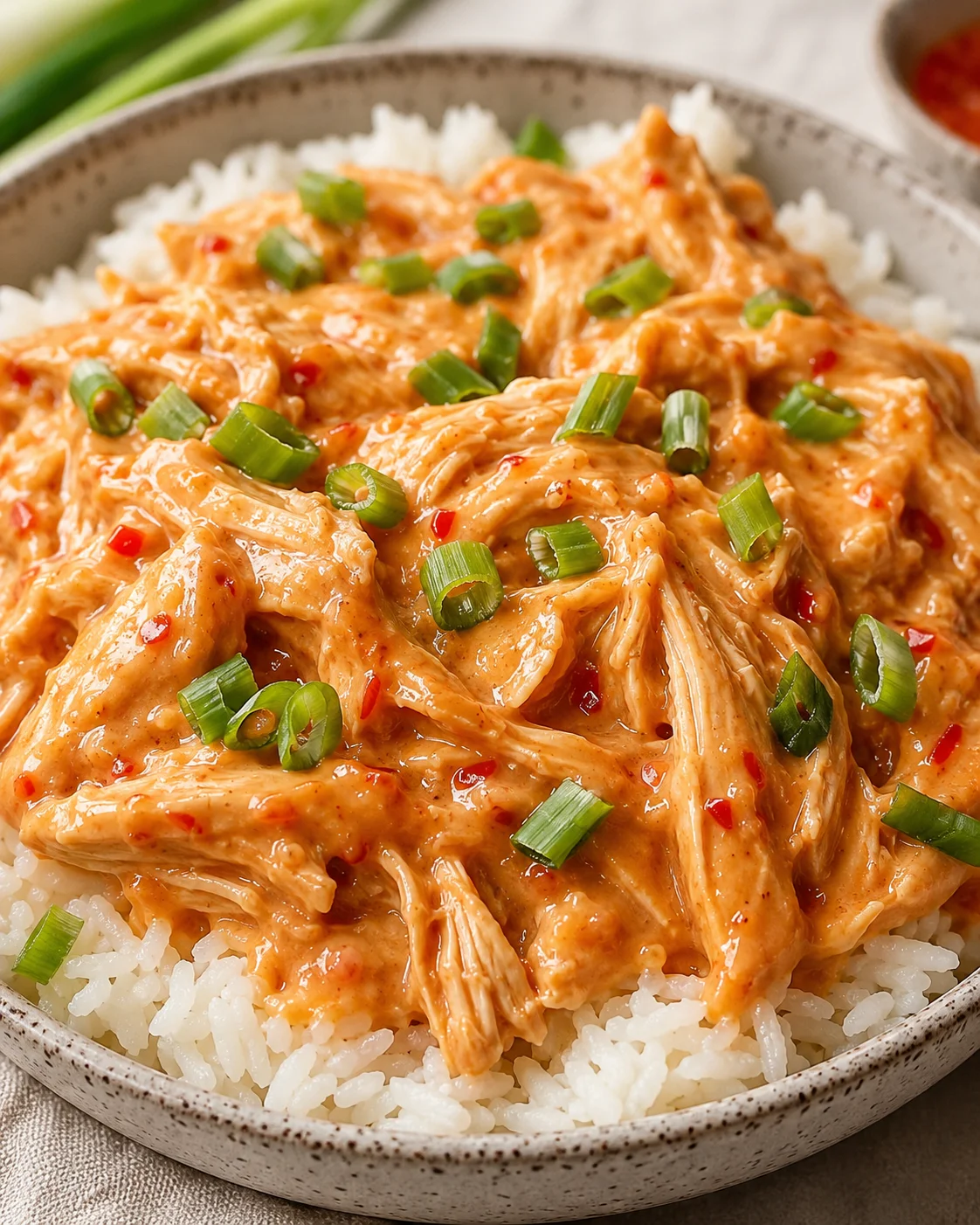 Delicious slow cooker sweet chili chicken over rice garnished with green onions