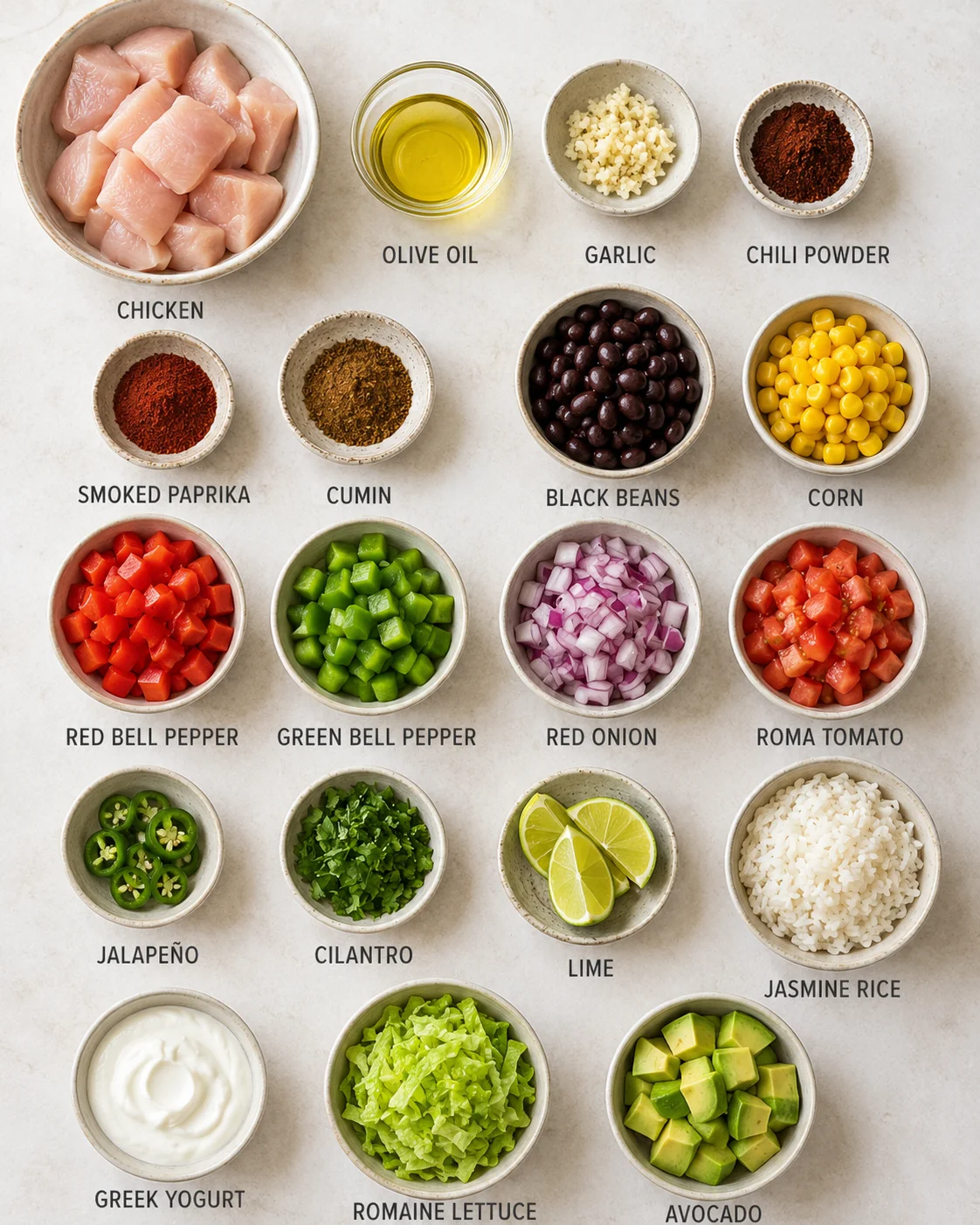 Colorful ingredients for Southwest chicken burrito bowls on a countertop.