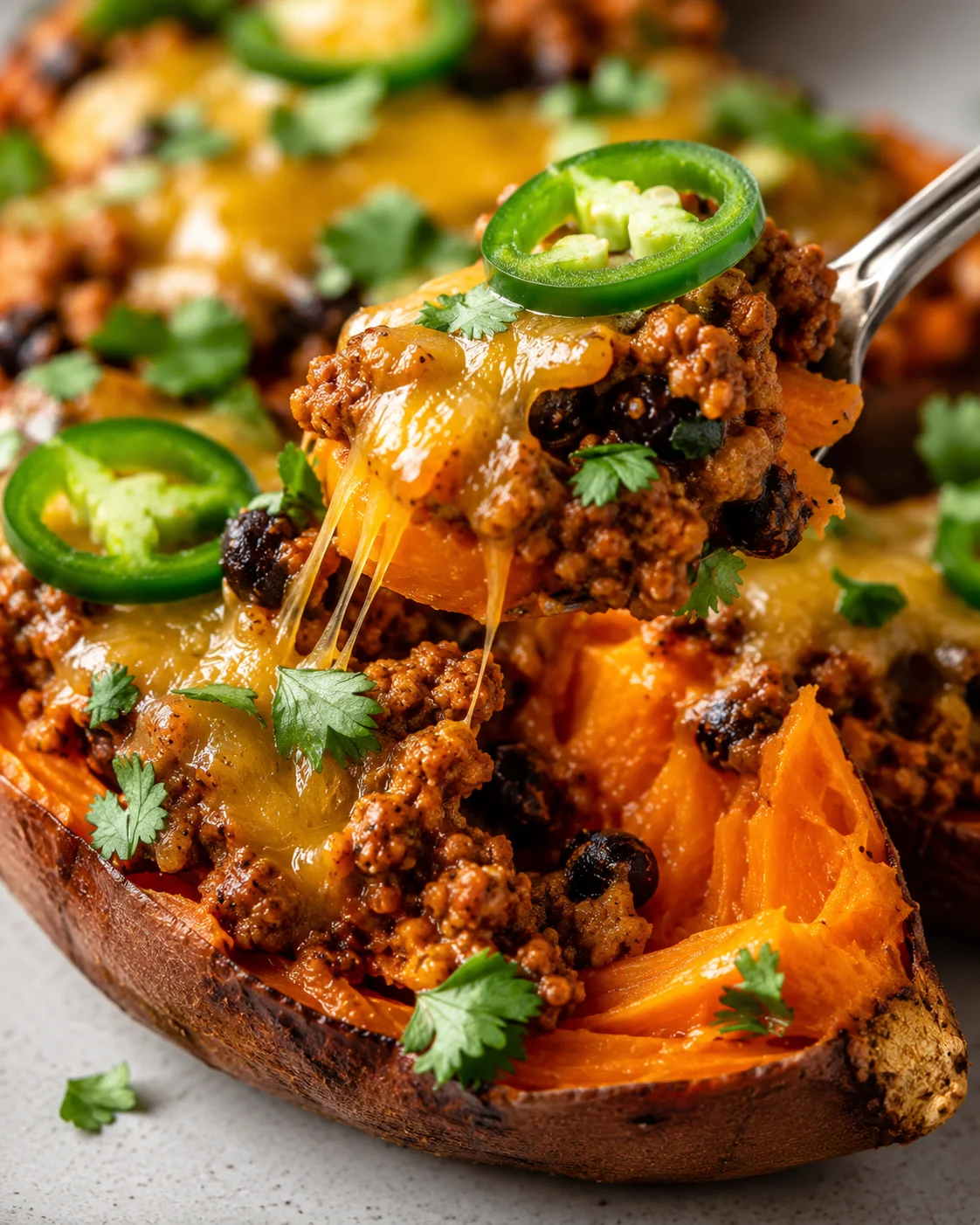 Close-up of stuffed sweet potato with cheese, beans, and jalapenos.