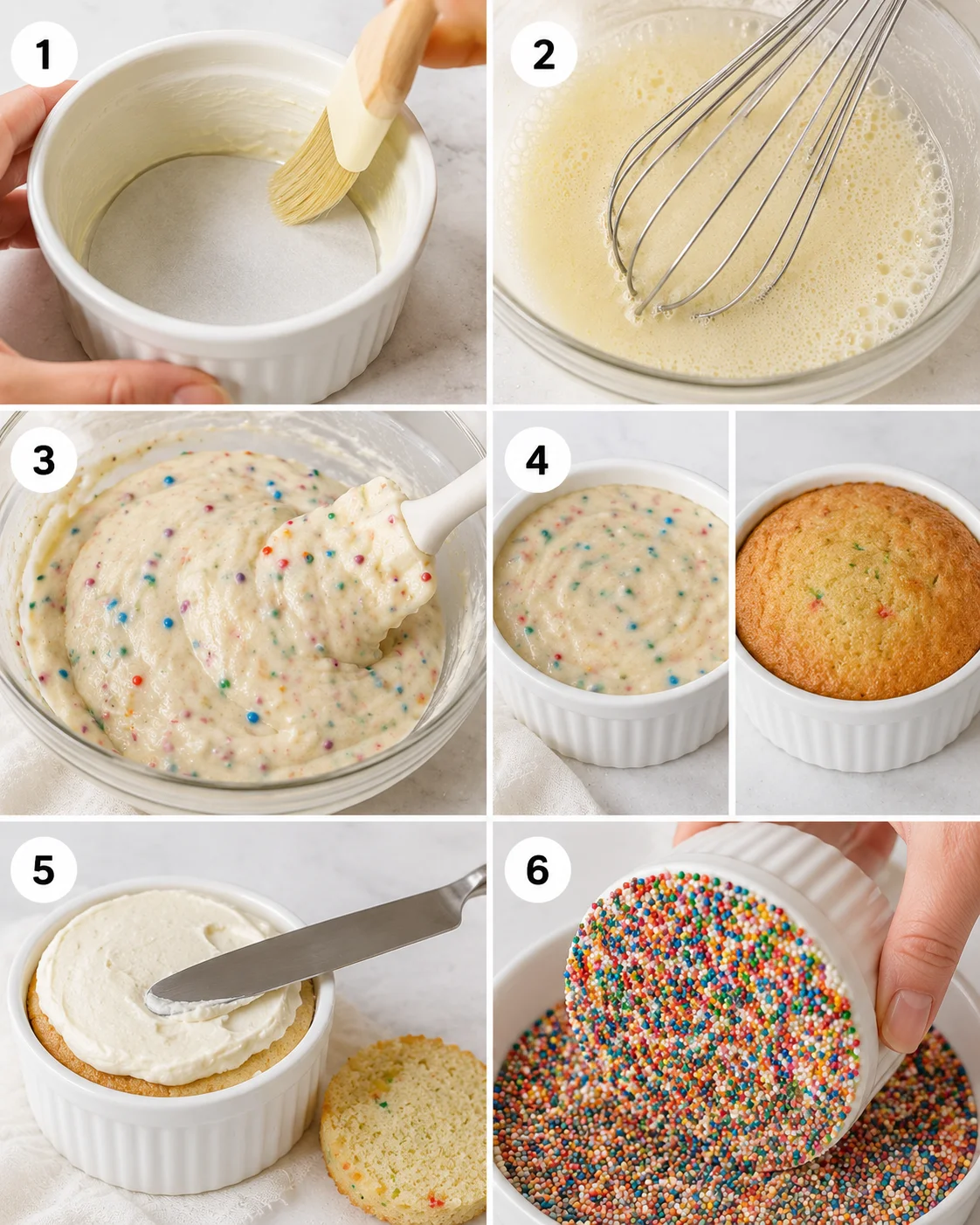Cute mini dot cake baked in a ramekin with colorful sprinkles