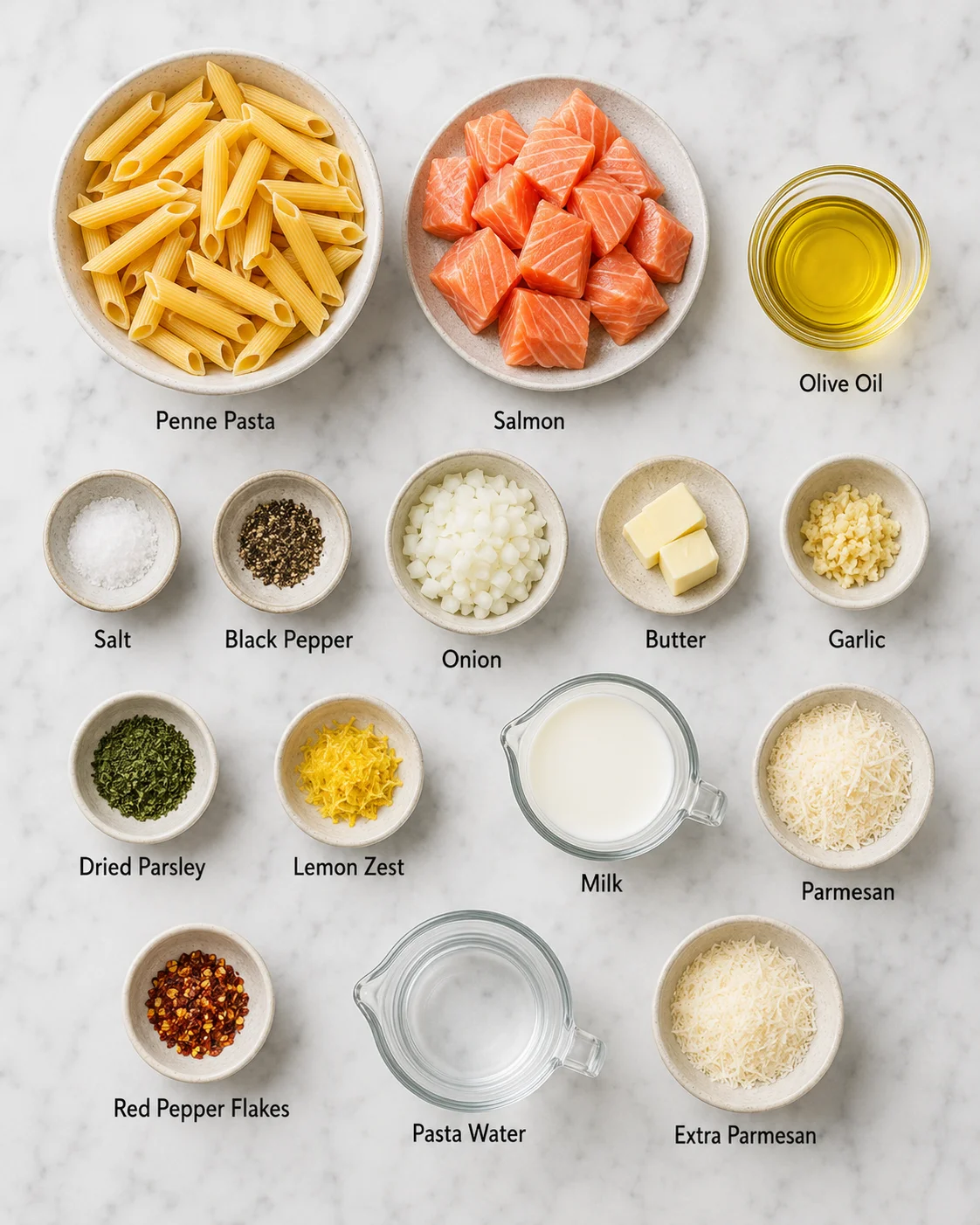 Ingredients for light salmon pasta with pasta, salmon, and fresh herbs, displayed on a marble surface.