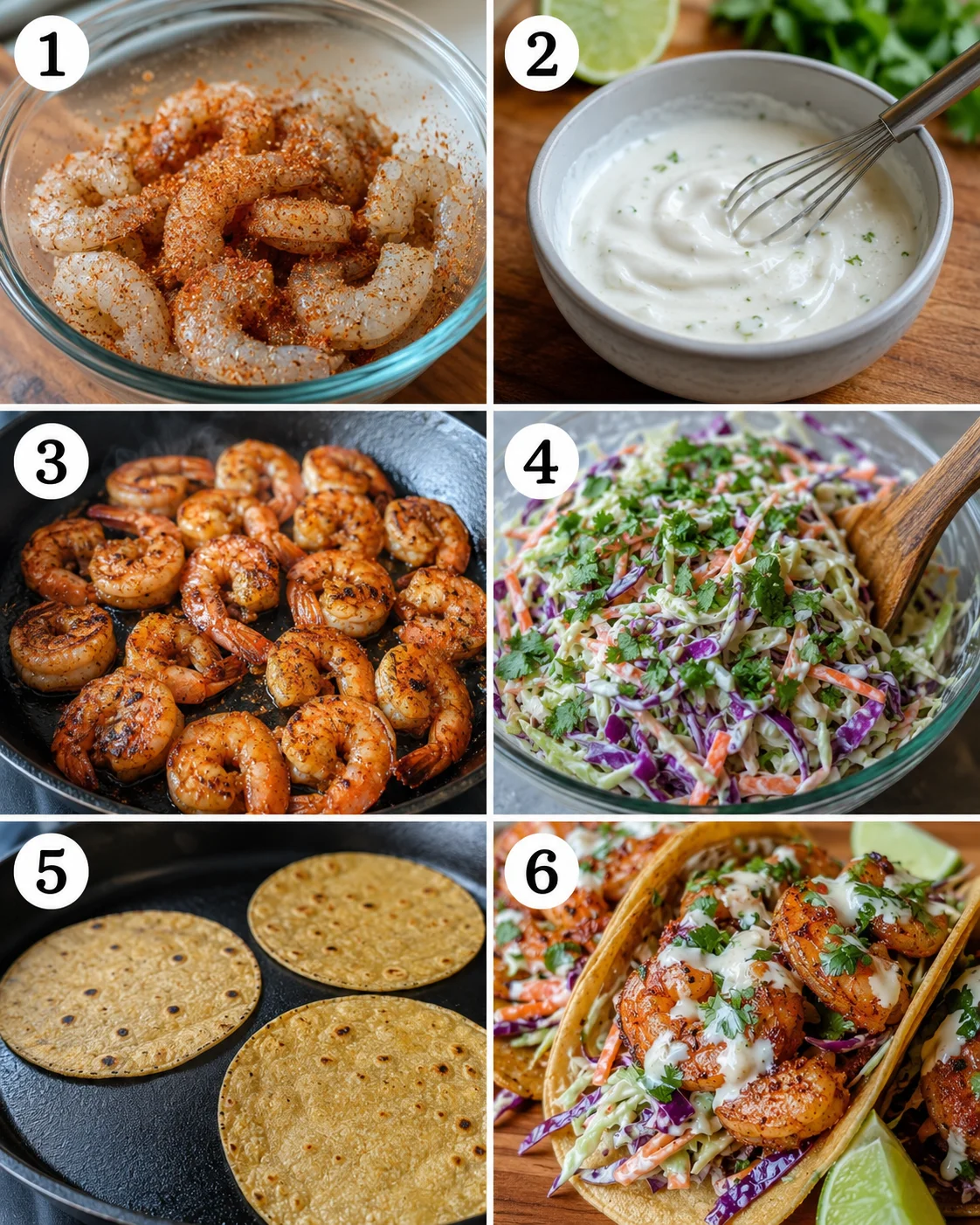 Step-by-step process of preparing seasoned shrimp, creamy sauce, grilled shrimp, and assembled tacos.