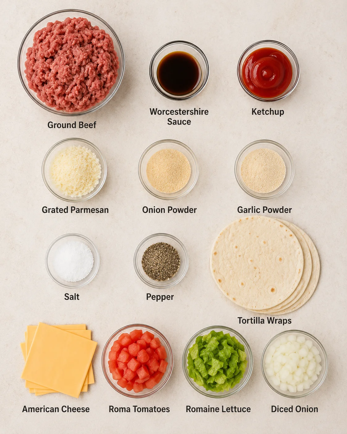 Close-up of ingredients including ground beef, cheese, tomatoes, lettuce, and tortillas for cheeseburger wrap.