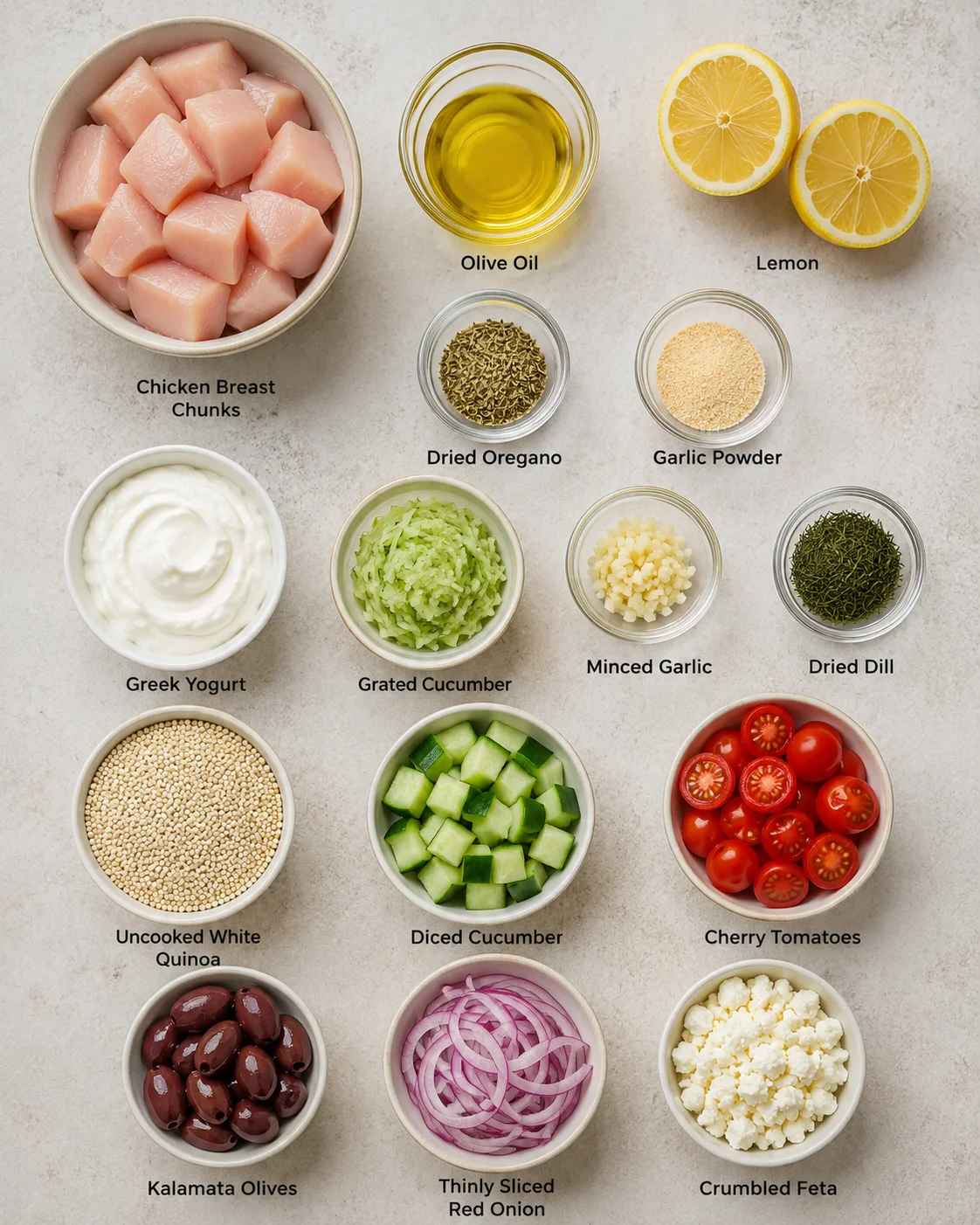 Colorful ingredients arranged with chicken, vegetables, and feta for Mediterranean bowls.