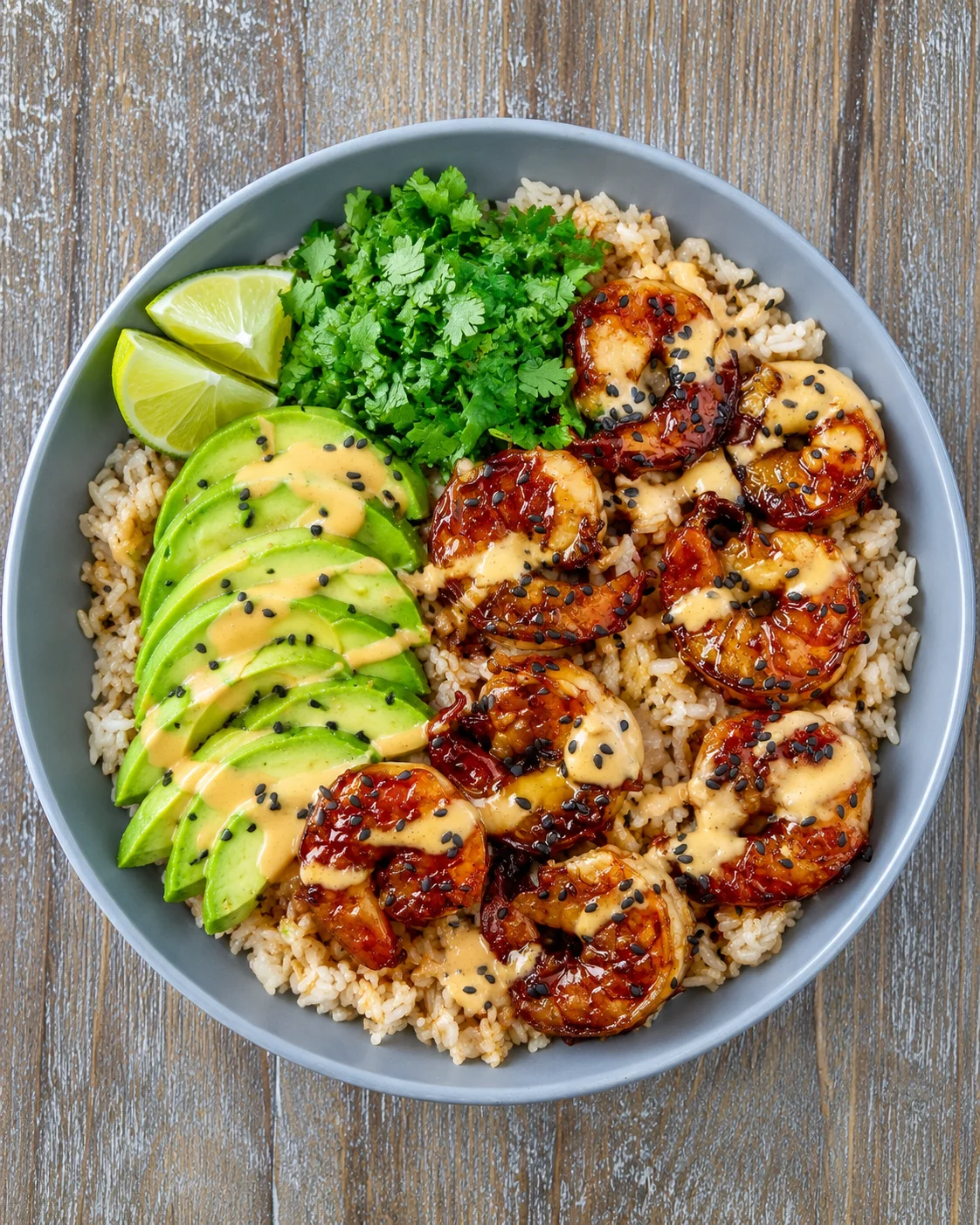 Colorful rice bowls topped with shrimp, avocado, lime, and herbs.
