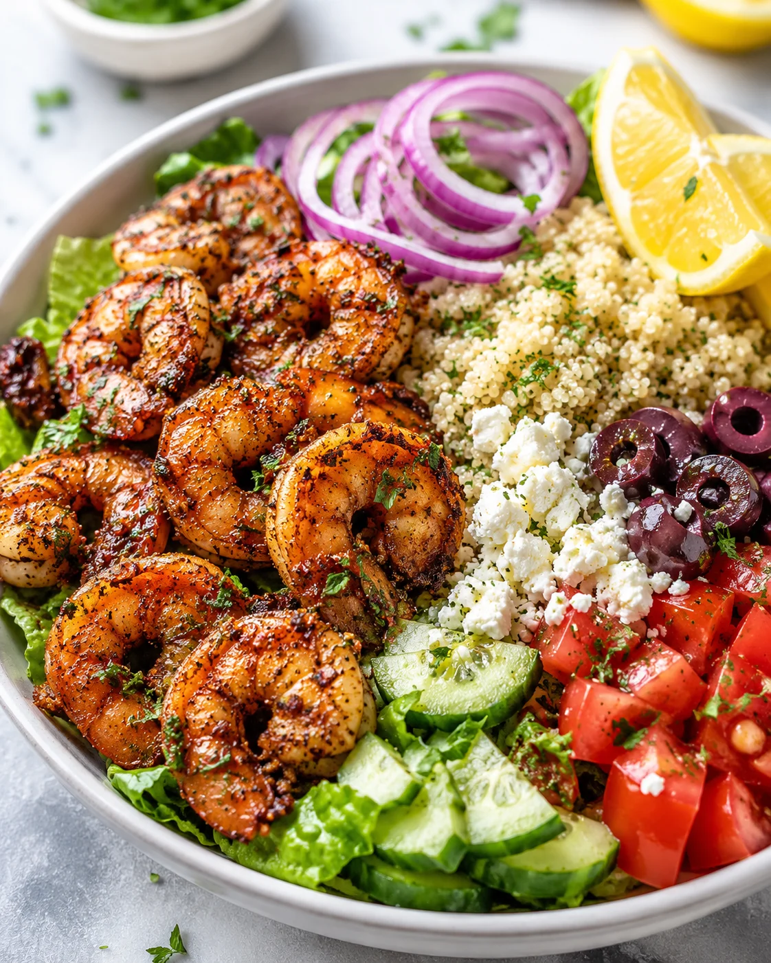 Colorful Greek shrimp bowl with vegetables, feta, olives, and lemon slices on a plate.