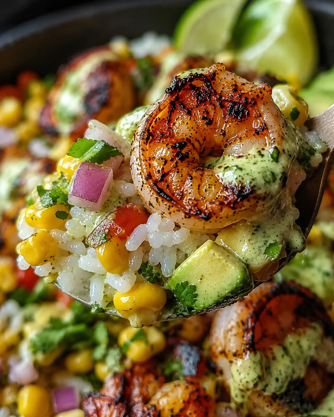 Close-up of a flavorful shrimp bowl with creamy sauce, avocado, and corn salsa