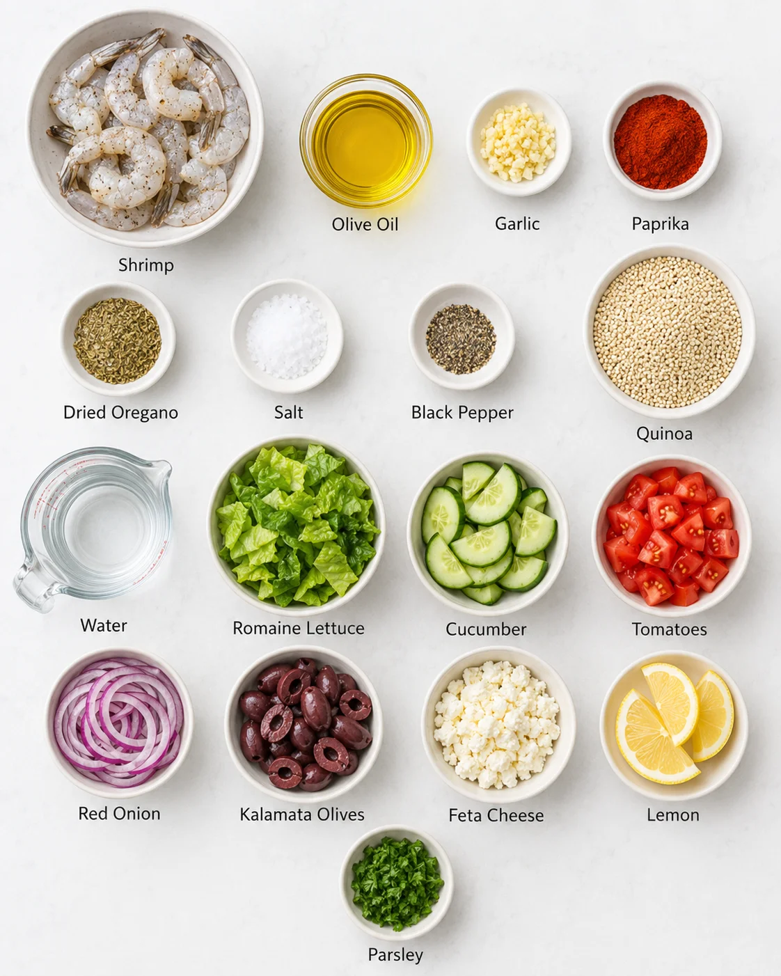 Colorful Greek shrimp bowl with shrimp, vegetables, olives, feta, and lemon slices.