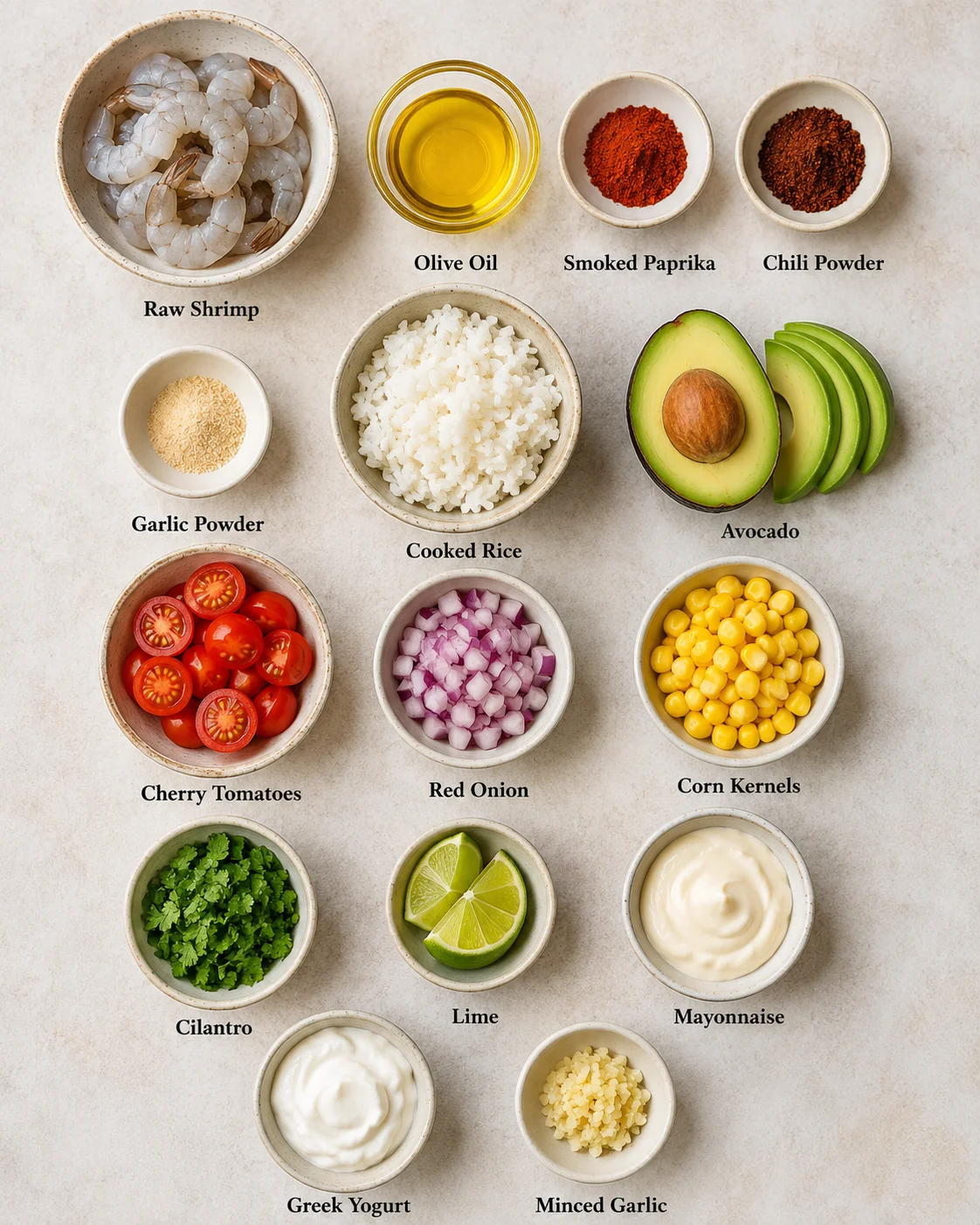 Assorted fresh ingredients for creamy grilled shrimp bowl laid out on a neutral surface.