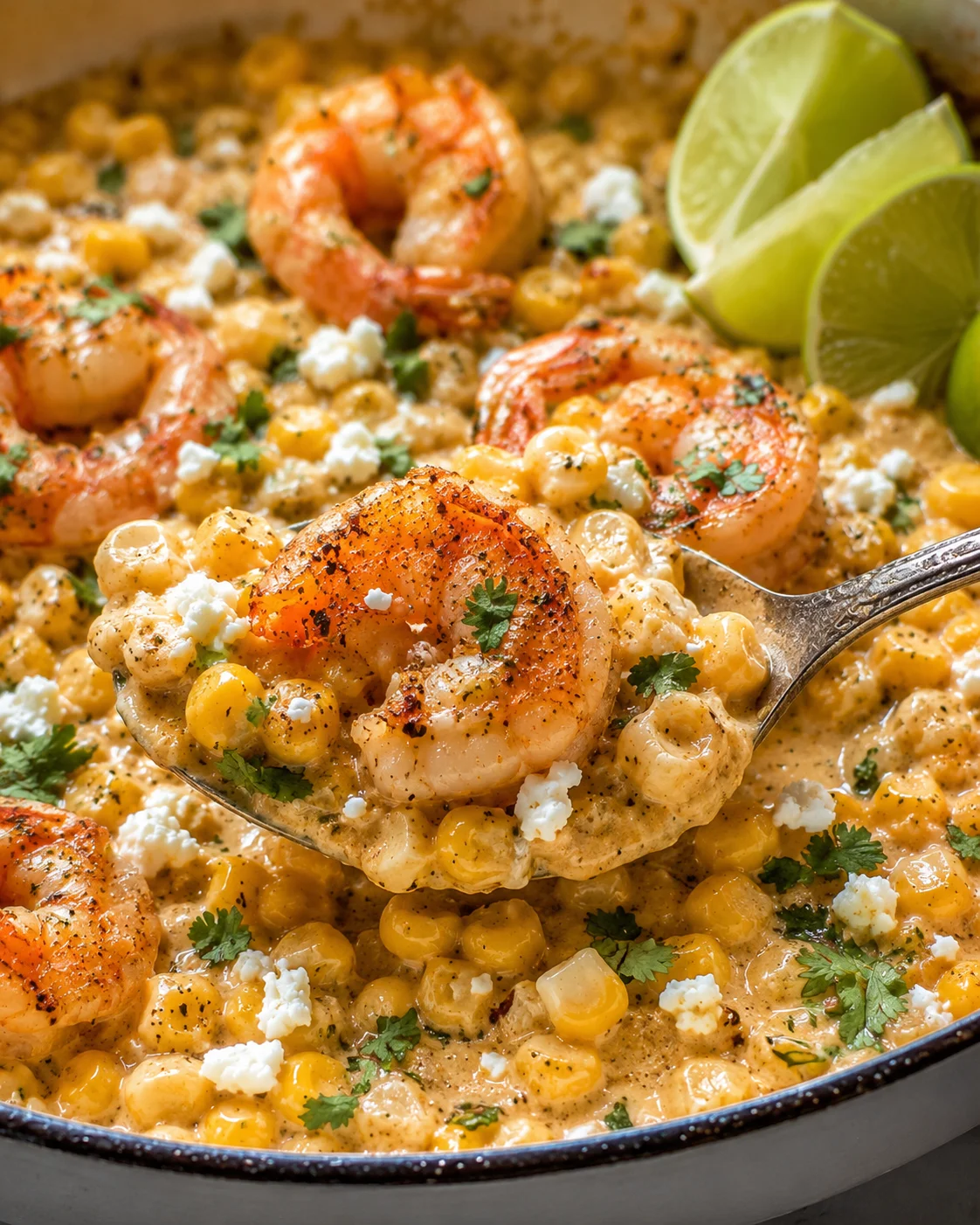 Delicious shrimp with creamy corn and fresh lime wedges on the side.